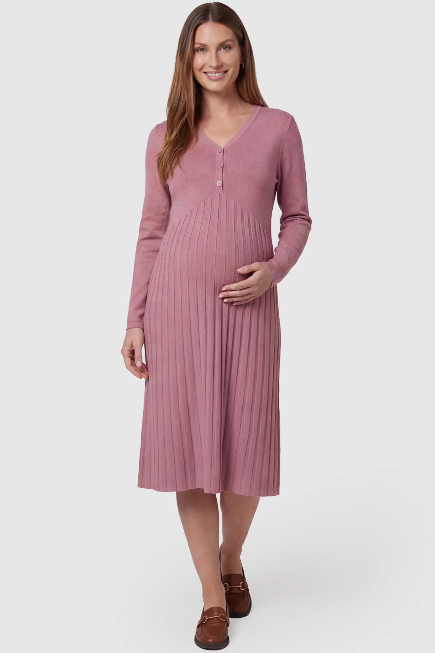 Button-Up Empire Waist Maternity Midi Dress Button-up empire waist maternity midi dress in pink with button-up front detail, front view on pregnant model