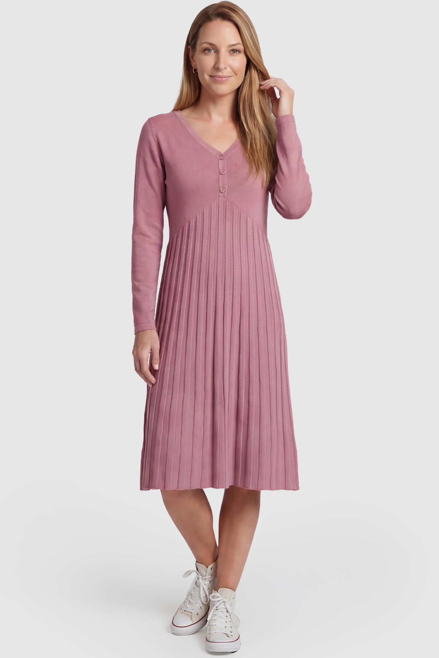 Button-Up Empire Waist Maternity Midi Dress Button-up empire waist maternity midi dress in black with button-up front detail, front view on postpartum model
