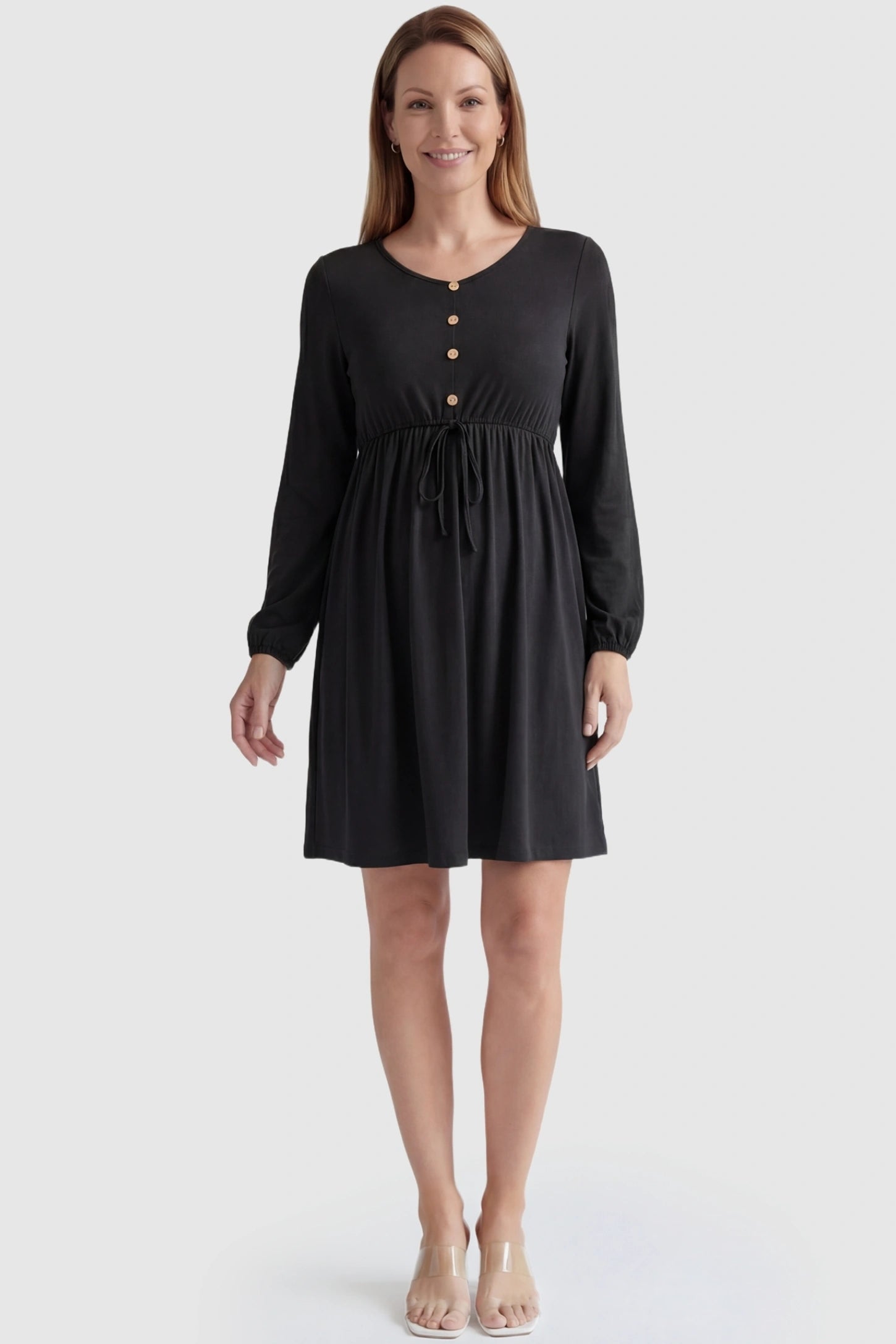 Button-Front Drawstring Waist Maternity Mini Dress Button-Front Drawstring Waist Maternity Mini Dress in Black featuring a functional drawstring on a non-pregnant model, front view.