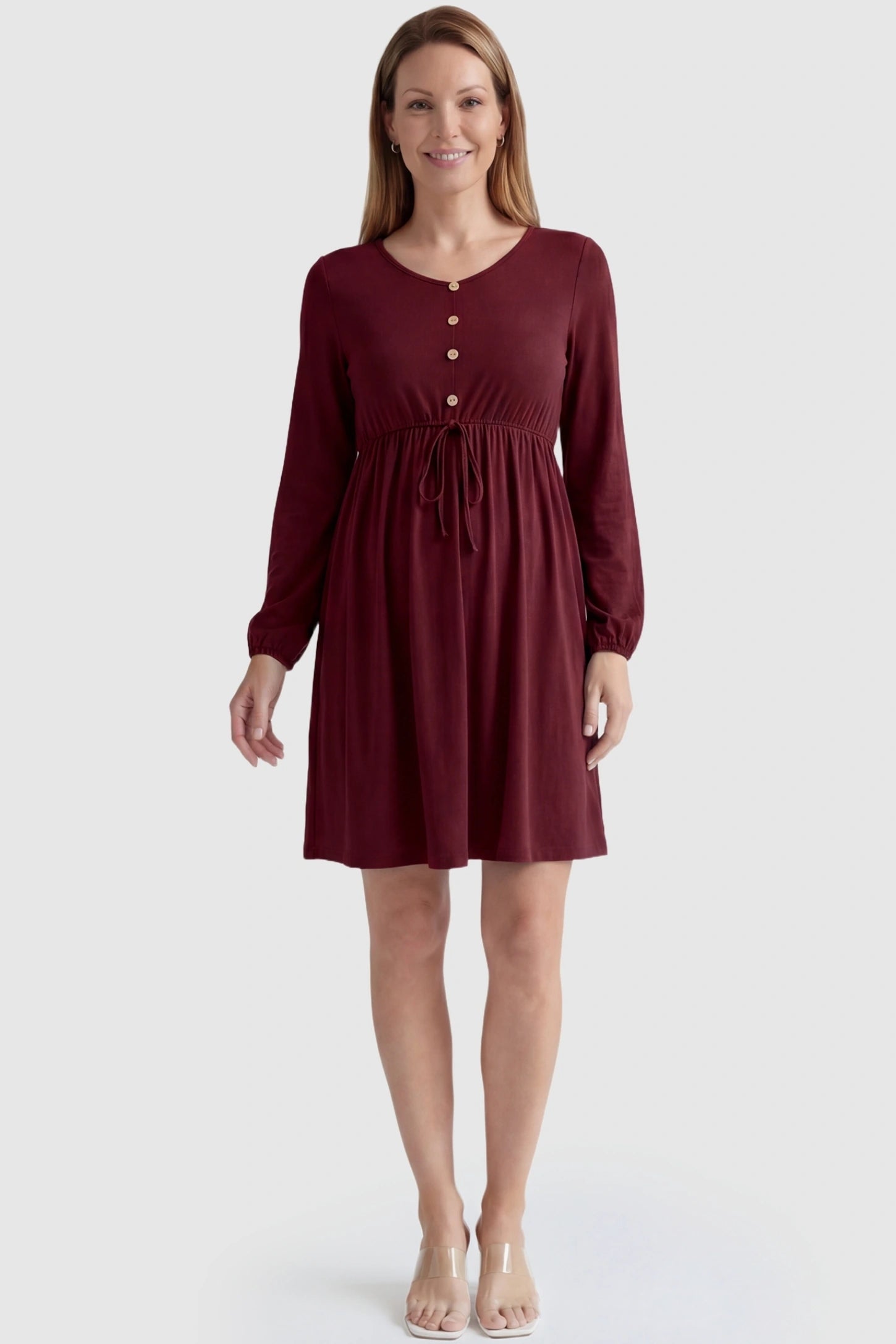 Button-Front Drawstring Waist Maternity Mini Dress Button-Front Drawstring Waist Maternity Mini Dress in Wine Red featuring a functional drawstring on a non-pregnant model, front view.
