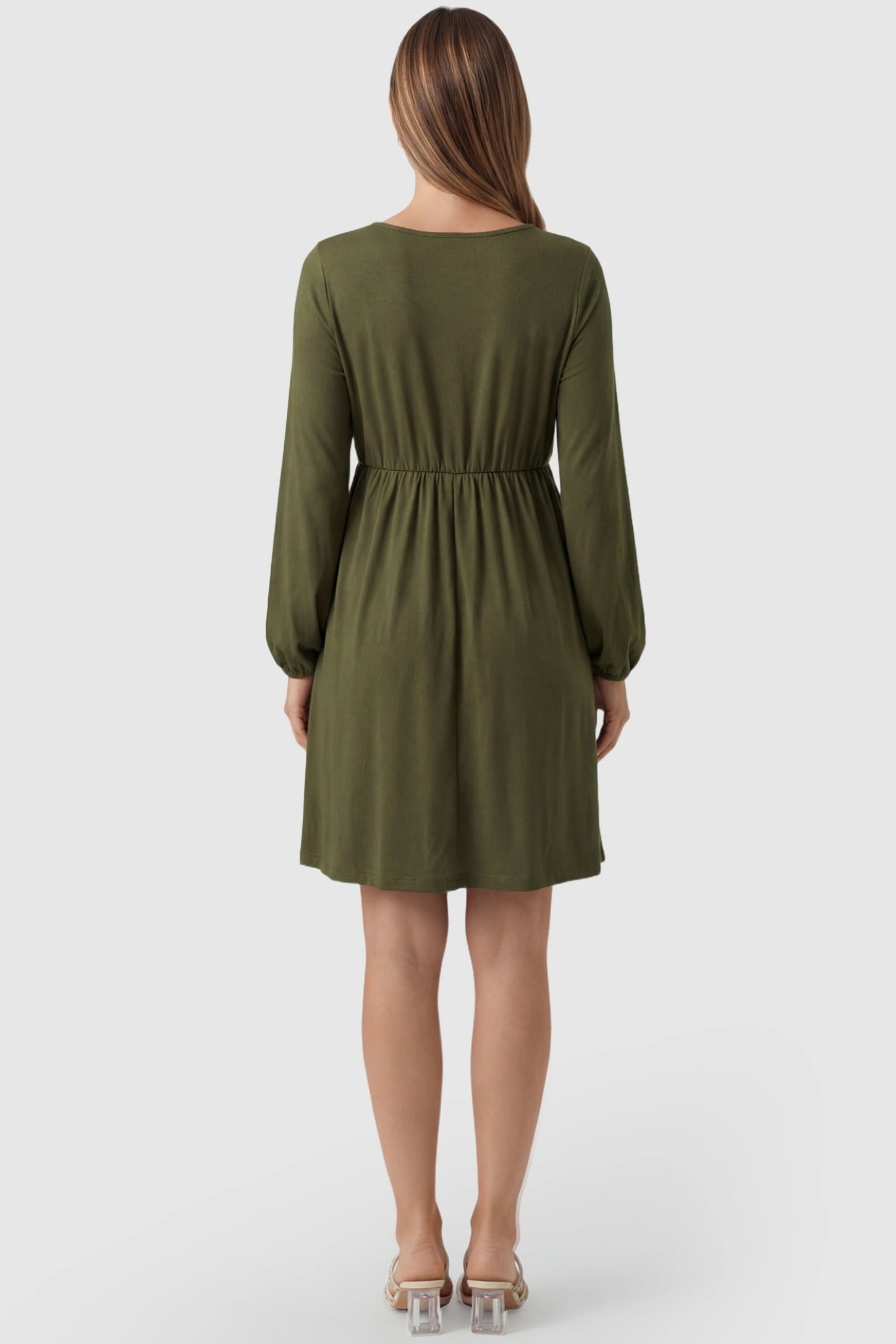 Button-Front Drawstring Waist Maternity Mini Dress Button-Front Drawstring Waist Maternity Mini Dress in Army Green featuring a high-waisted round neck design on a pregnant model, back view.