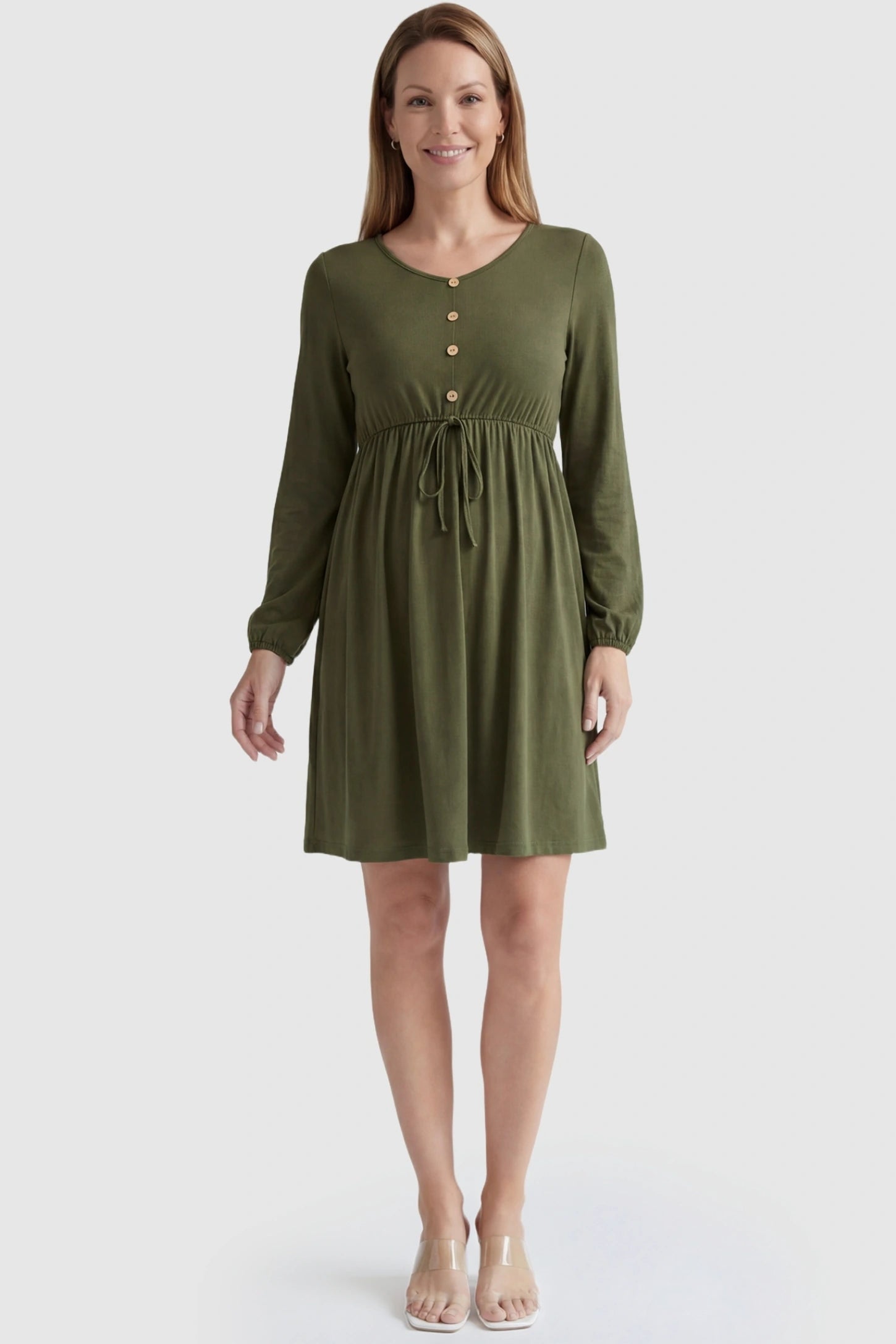 Button-Front Drawstring Waist Maternity Mini Dress Button-Front Drawstring Waist Maternity Mini Dress in Army Green featuring a functional drawstring on a non-pregnant model, front view.