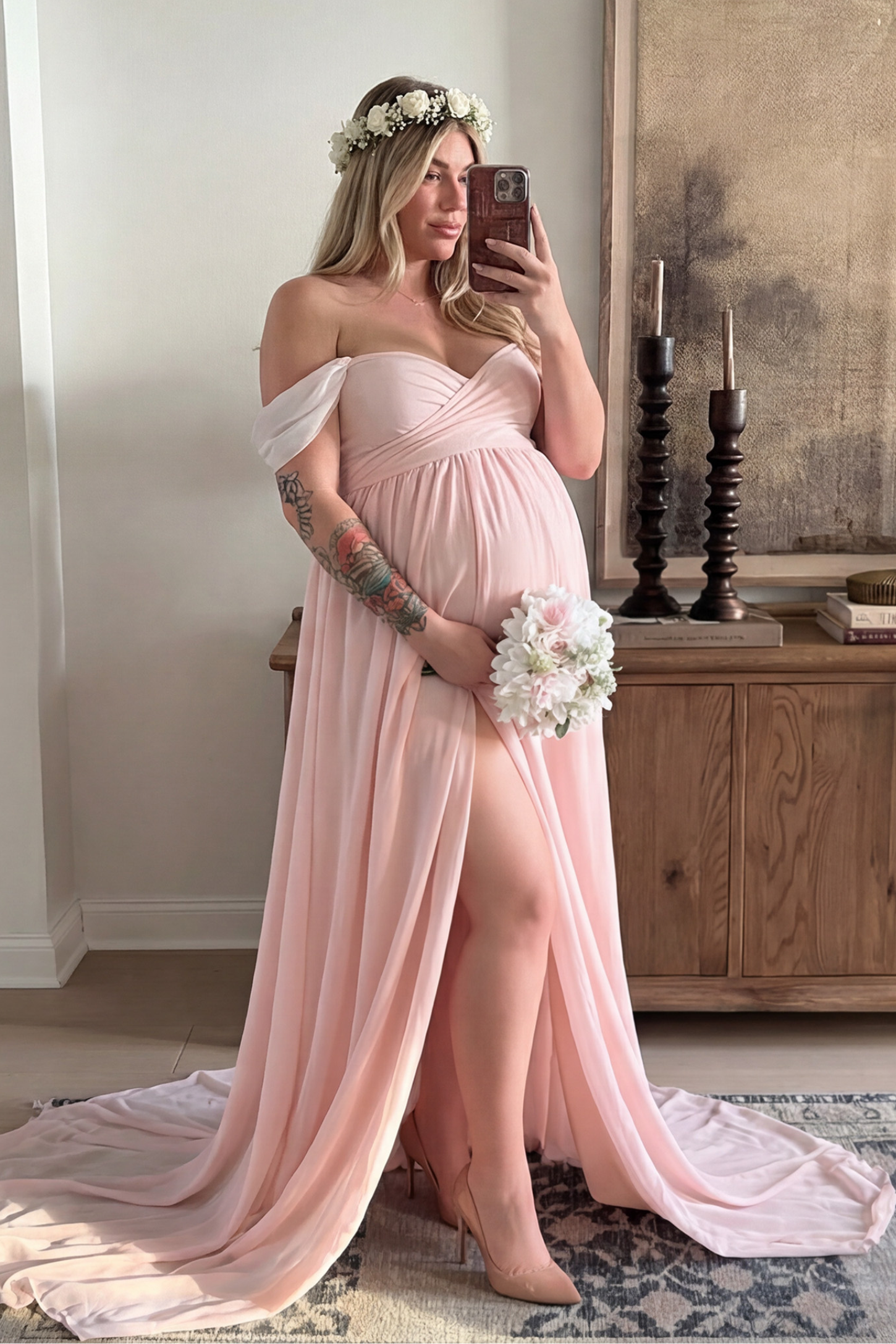 Cap Sleeve Empire Waist Maternity Photoshoot Gown Cap Sleeve Empire Waist Maternity Photoshoot Gown in pink featuring sweetheart neckline and flowy skirt on pregnant model.