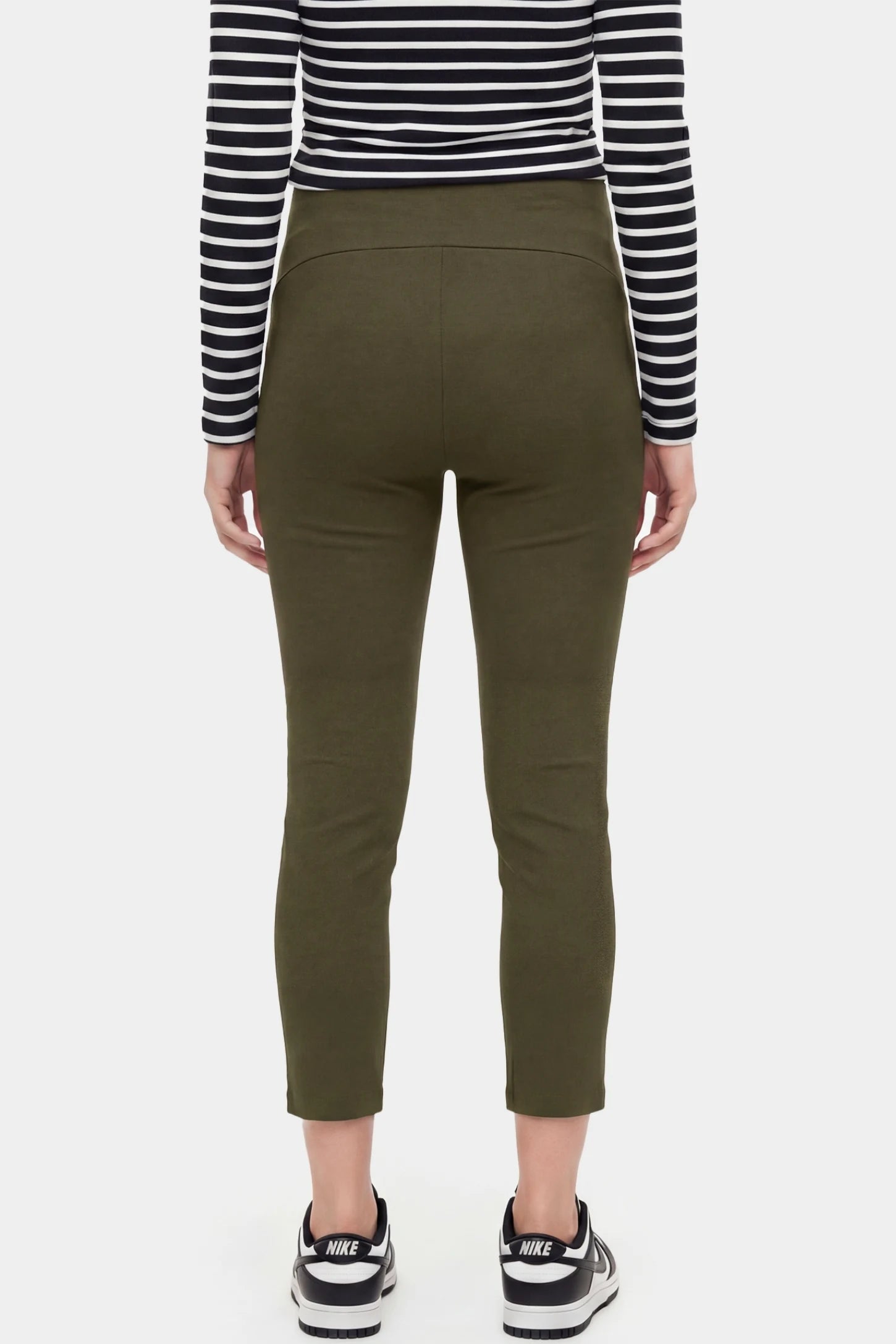 High-Waist Belly Support Loose-Fit Capri Maternity Pants High-waist belly support loose-fit capri maternity pants in army green with wrinkle-resistant fabric, back view on pregnant model