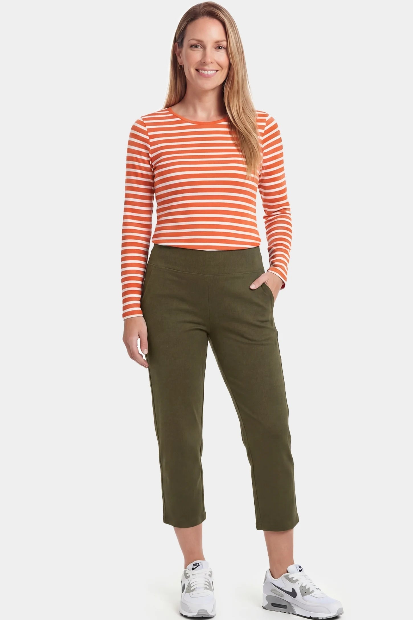 High-Waist Belly Support Loose-Fit Capri Maternity Pants High-waist belly support loose-fit capri maternity pants in army green with functional side pockets, full body on postpartum model