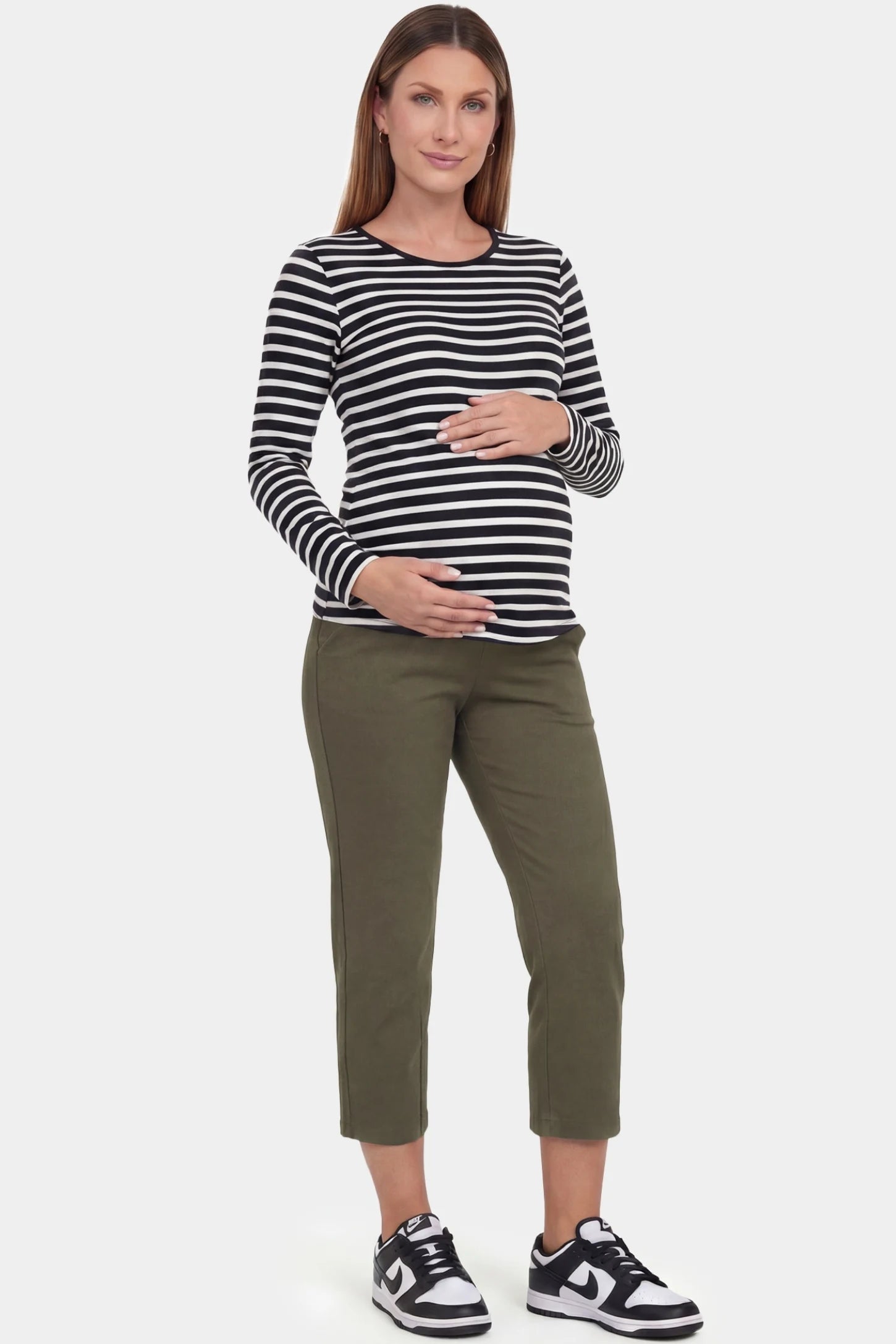 High-Waist Belly Support Loose-Fit Capri Maternity Pants High-waist belly support loose-fit capri maternity pants in army green with relaxed silhouette, full body on pregnant model