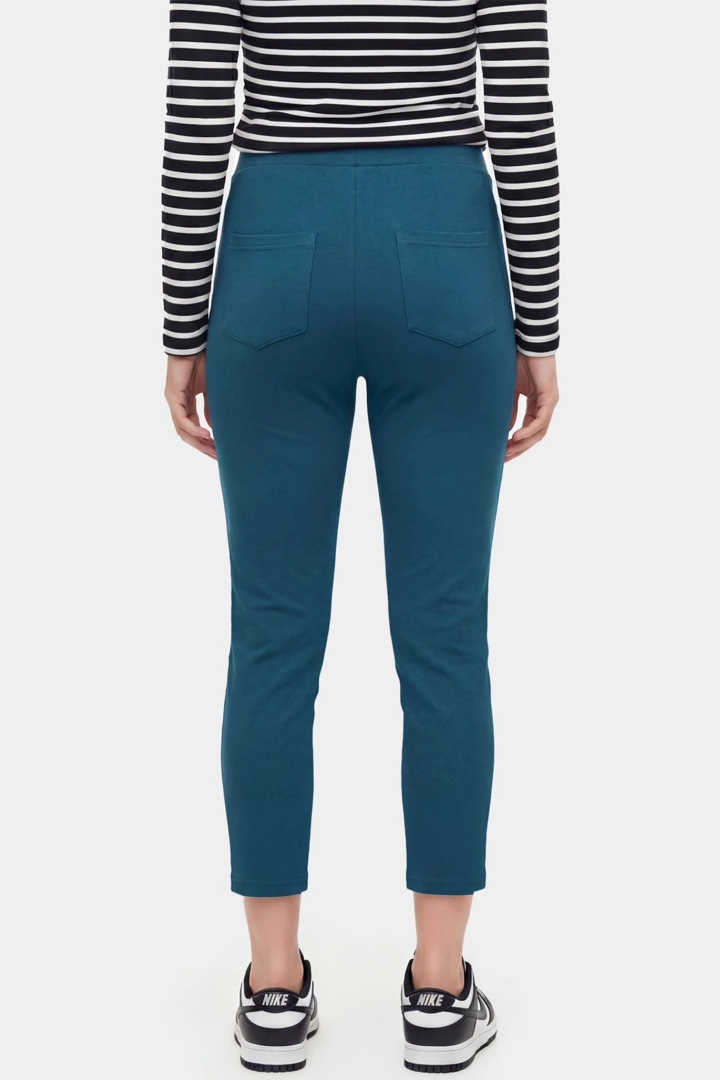 High-Waist Belly Support Loose-Fit Capri Maternity Pants High-waist belly support loose-fit capri maternity pants in blue with wrinkle-resistant fabric, back view on pregnant model