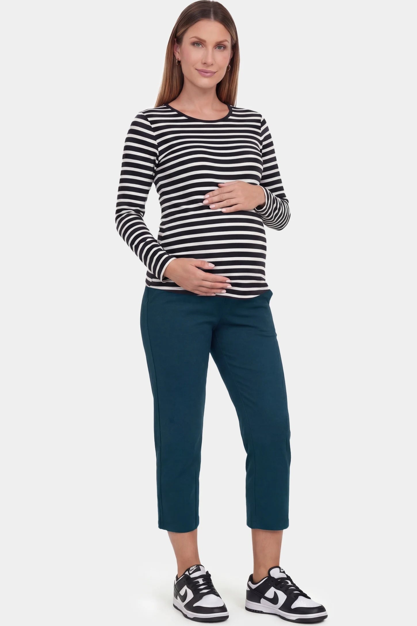 High-Waist Belly Support Loose-Fit Capri Maternity Pants High-waist belly support loose-fit capri maternity pants in blue with relaxed silhouette, full body on pregnant model