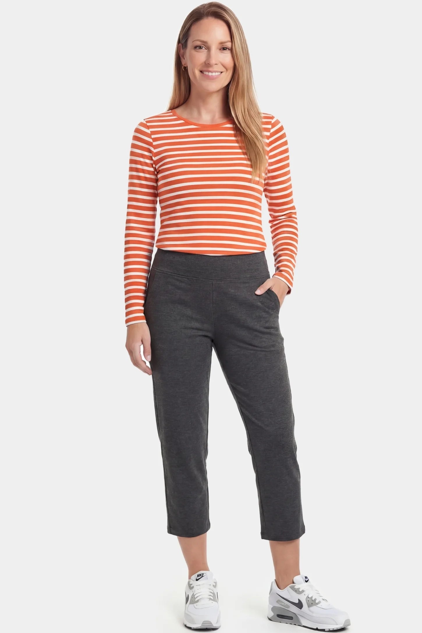 High-Waist Belly Support Loose-Fit Capri Maternity Pants High-waist belly support loose-fit capri maternity pants in dark gray with functional side pockets, full body on postpartum model