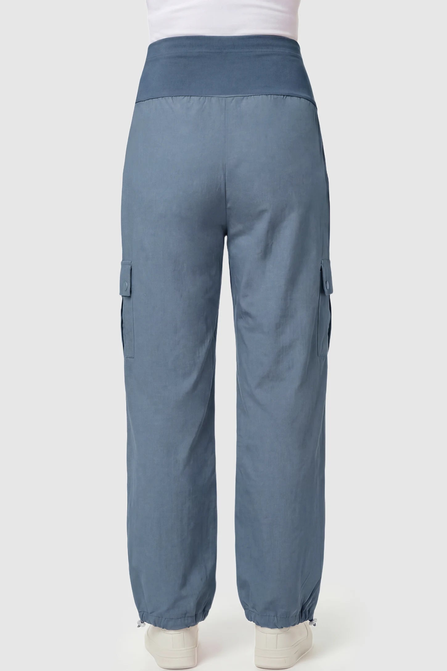 Ice Silk Cargo Maternity Pants Ice Silk Cargo Maternity Pants in gray featuring full belly panel, cargo pockets, and relaxed full-length fit on pregnant model back view.