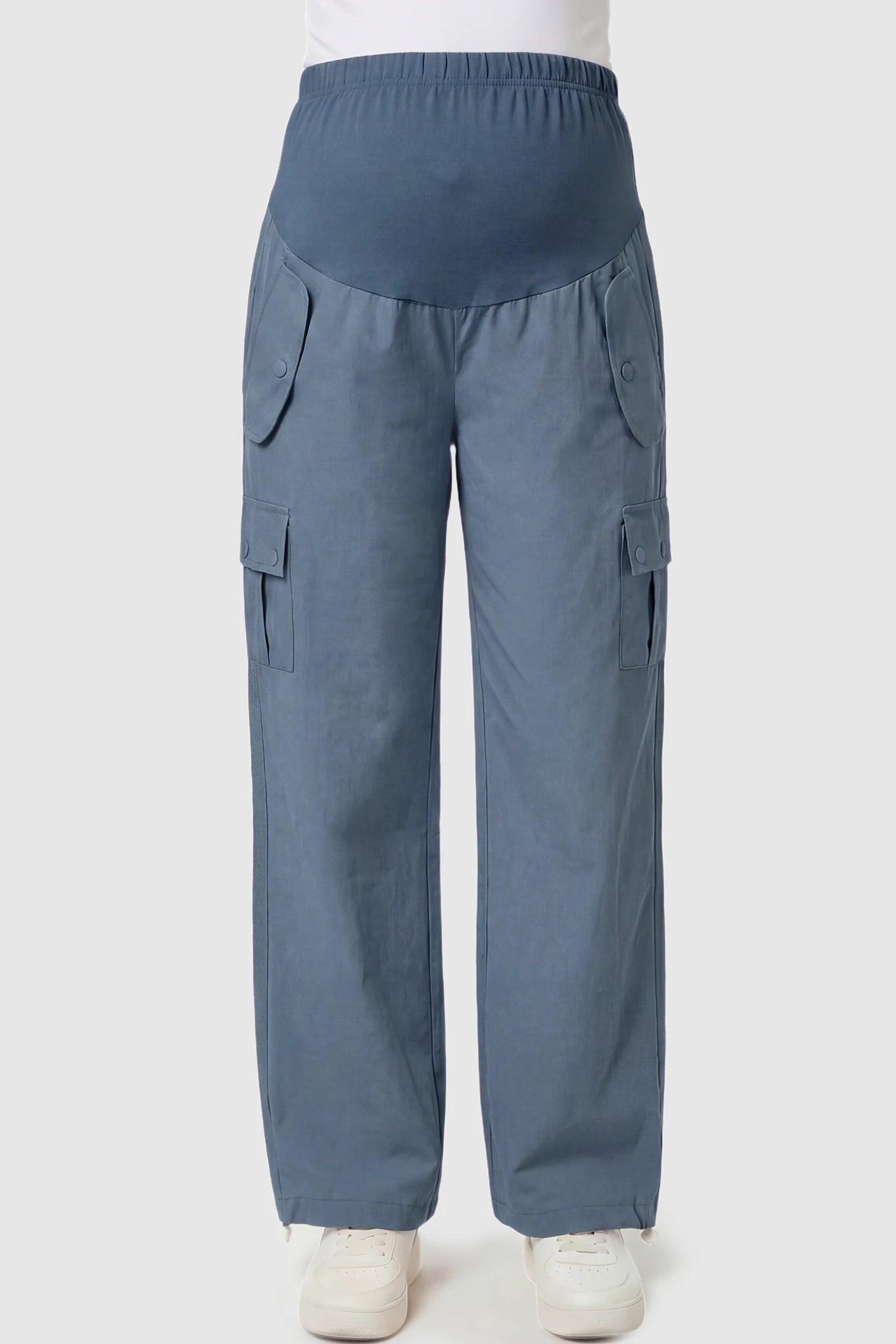 Ice Silk Cargo Maternity Pants Ice Silk Cargo Maternity Pants in gray featuring full belly panel, cargo pockets, and relaxed full-length fit on pregnant model front view.