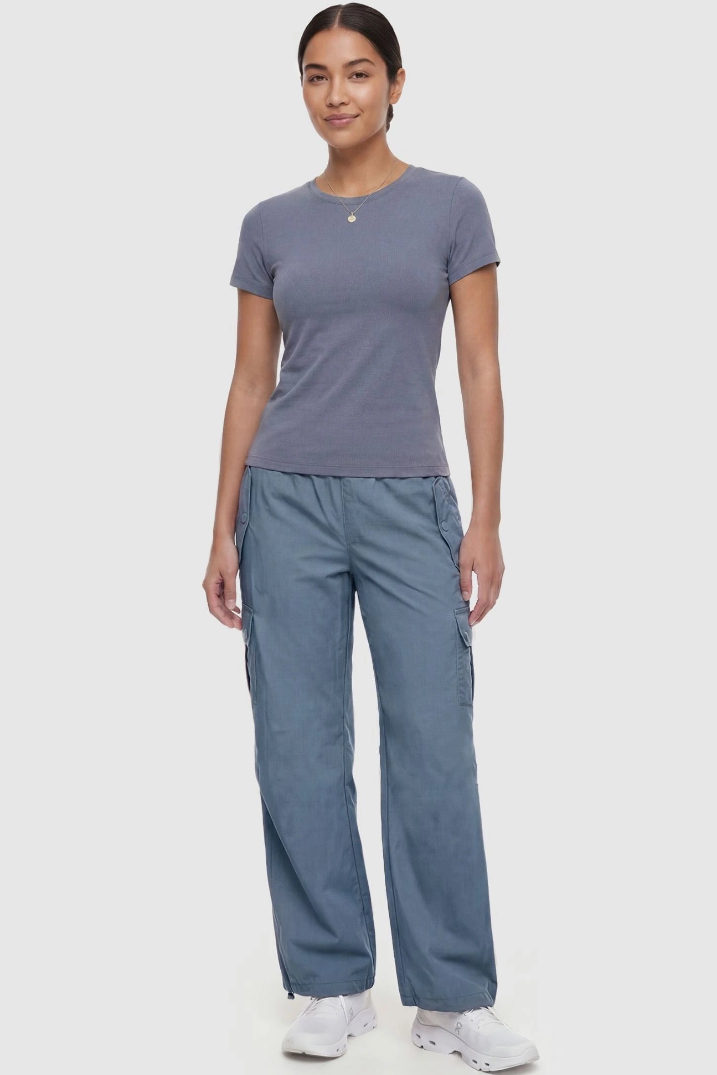 Ice Silk Cargo Maternity Pants Ice Silk Cargo Maternity Pants in gray featuring full belly panel, cargo pockets, and relaxed full-length fit on non pregnant model front view.