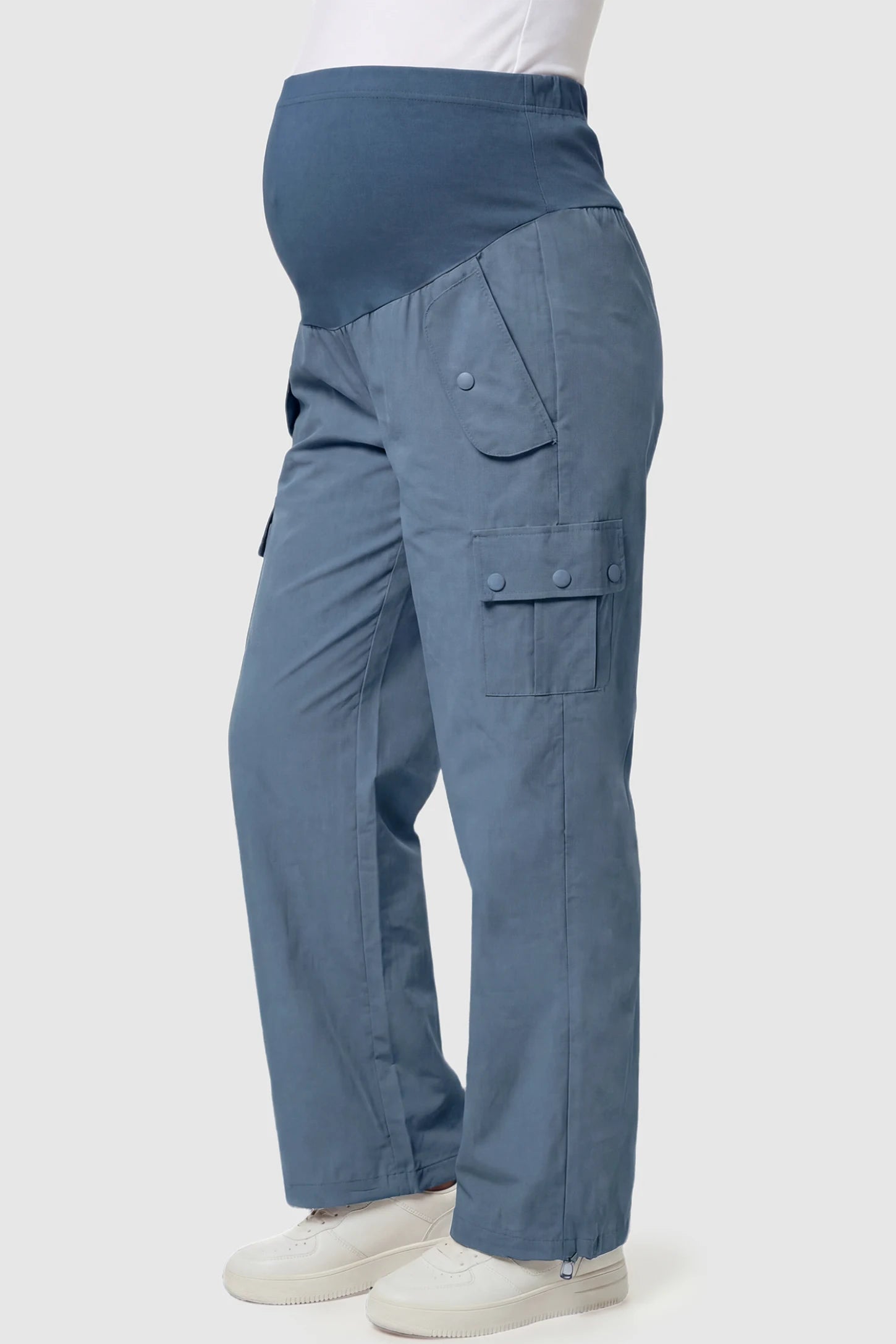 Ice Silk Cargo Maternity Pants Ice Silk Cargo Maternity Pants in gray featuring full belly panel, cargo pockets, and relaxed full-length fit on pregnant model side view.