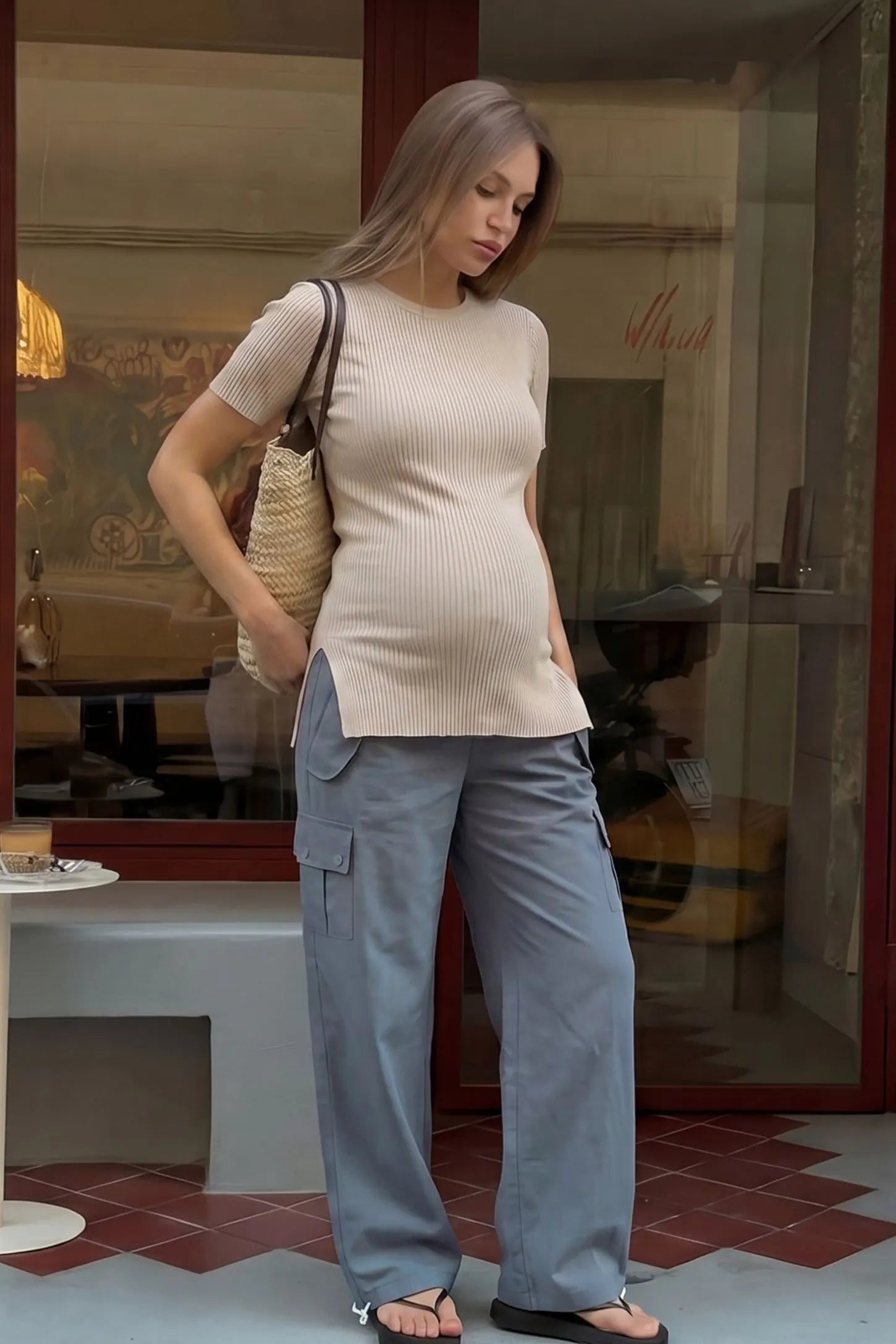 Ice Silk Cargo Maternity Pants Ice Silk Cargo Maternity Pants in gray featuring full belly panel, cargo pockets, and relaxed full-length fit on pregnant model front view.