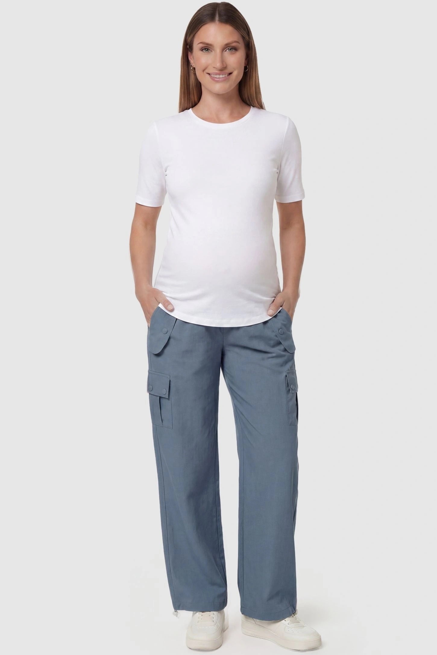 Ice Silk Cargo Maternity Pants Ice Silk Cargo Maternity Pants in gray featuring full belly panel, cargo pockets, and relaxed full-length fit on pregnant model front view.