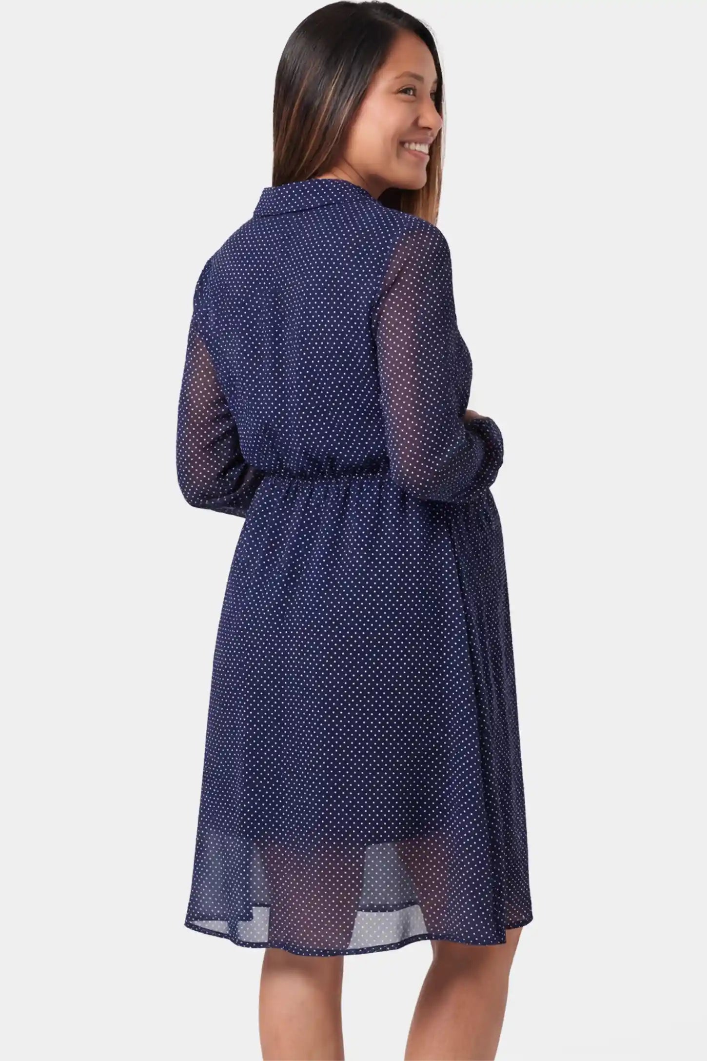 Shirt Collar Long Sleeve V-Neck Short Maternity & Nursing Dress Shirt collar long sleeve V-neck short maternity and nursing dress in dark blue featuring chiffon drape in side back on a pregnant model