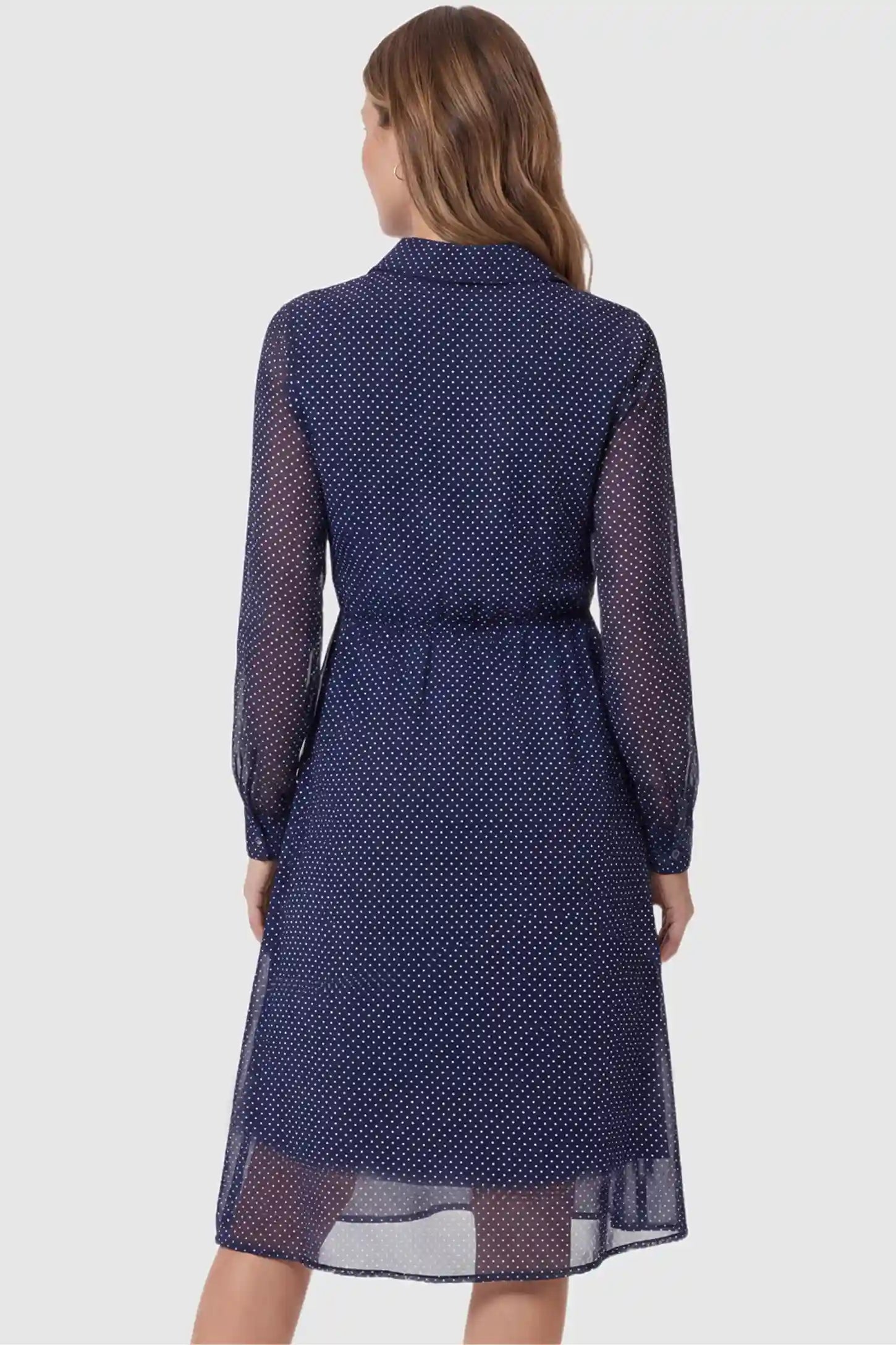 Shirt Collar Long Sleeve V-Neck Short Maternity & Nursing Dress Shirt collar long sleeve V-neck short maternity & nursing dress in dark blue with long sleeves, back view on pregnant model