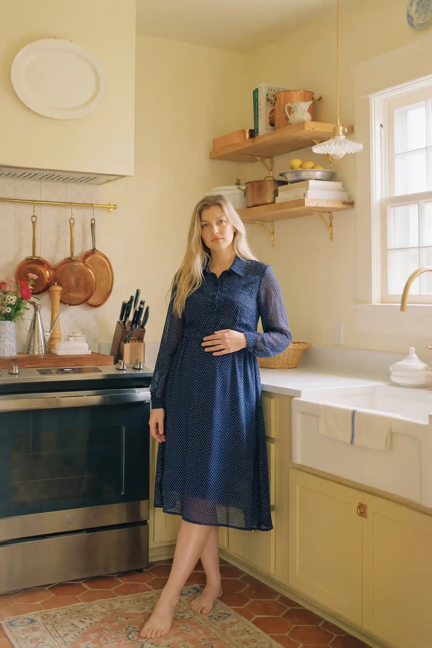 Shirt Collar Long Sleeve V-Neck Short Maternity & Nursing Dress Shirt collar long sleeve V-neck short maternity & nursing dress in dark blue with refined silhouette, on editorial lifestyle model