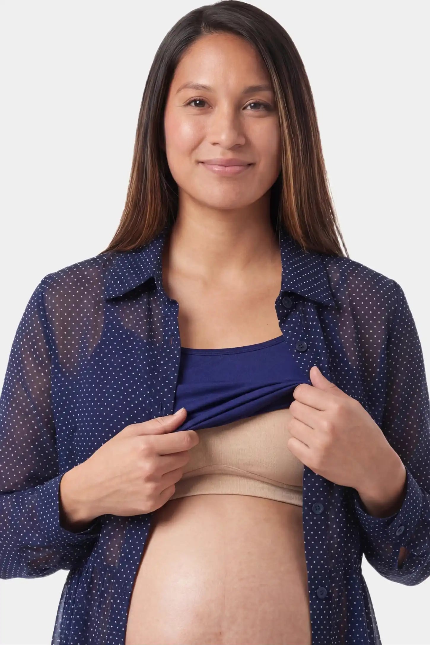 Shirt Collar Long Sleeve V-Neck Short Maternity & Nursing Dress Shirt collar long sleeve V-neck short maternity and nursing dress in dark blue featuring nursing opening in front view on a pregnant model