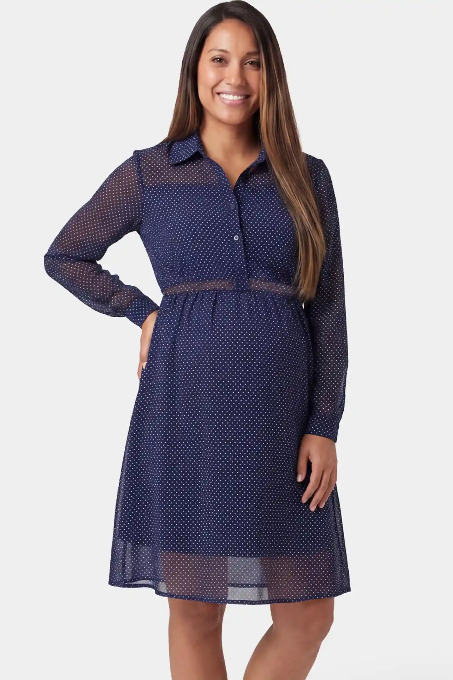 Shirt collar long sleeve V-neck short maternity and nursing dress in dark blue featuring collared V-neckline in front view on a pregnant model