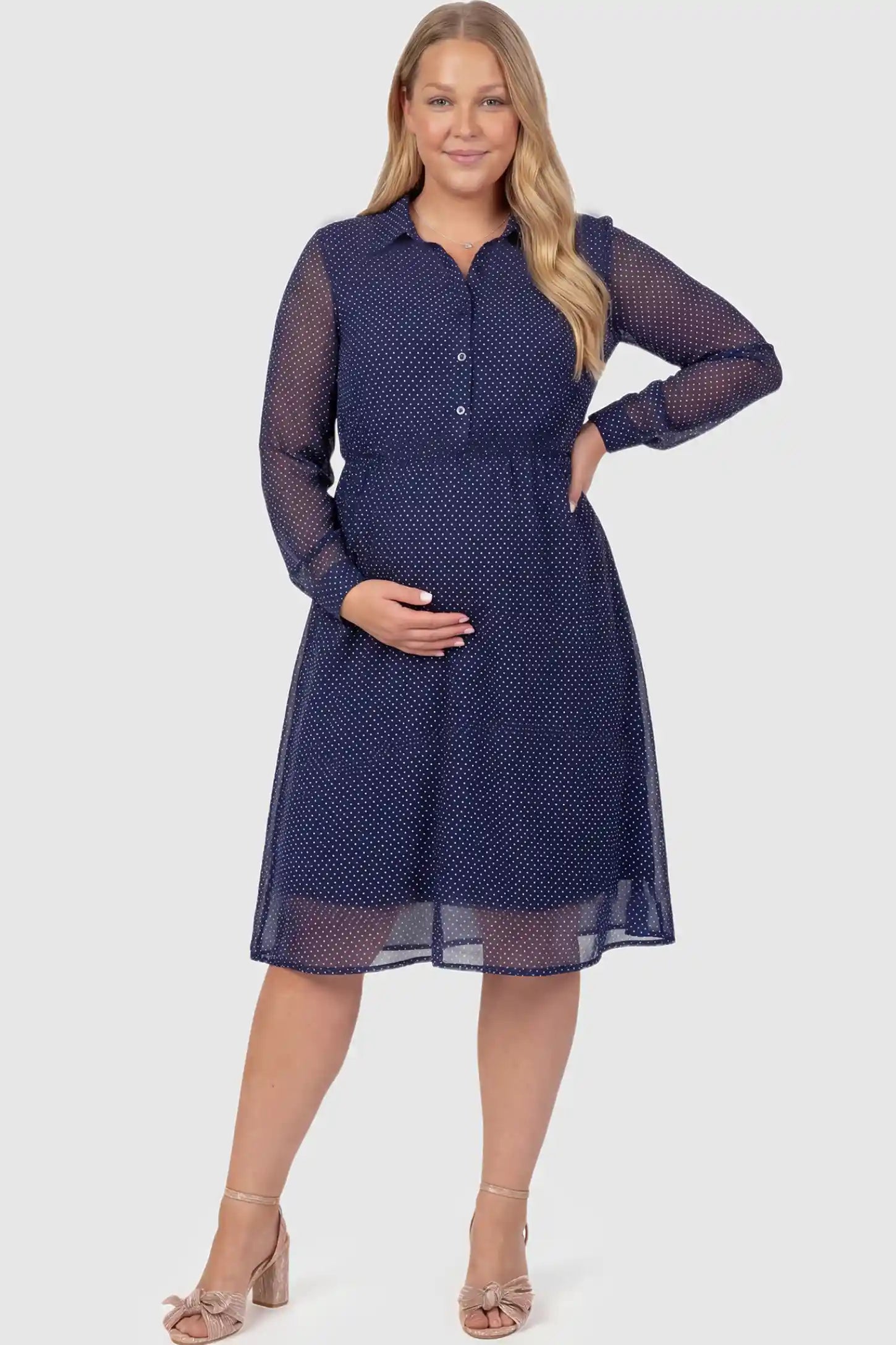 Shirt Collar Long Sleeve V-Neck Short Maternity & Nursing Dress Shirt collar long sleeve V-neck short maternity & nursing dress in dark blue with collared neckline & long sleeve, front view on plus-size model