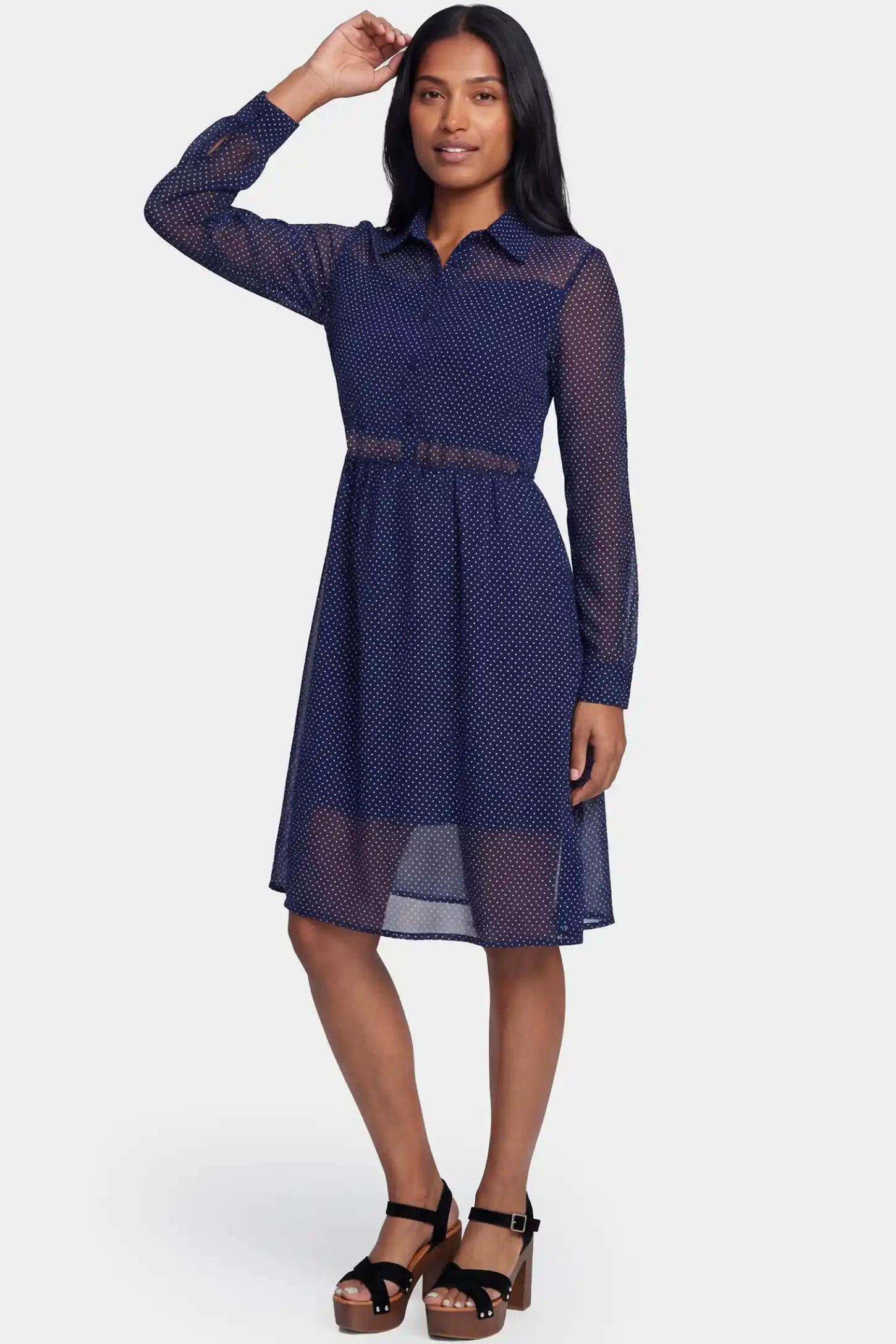 Shirt Collar Long Sleeve V-Neck Short Maternity & Nursing Dress Shirt collar long sleeve V-neck short maternity and nursing dress in dark blue featuring collared V-neckline and sheer long-sleeves in full body view on a postpartum model