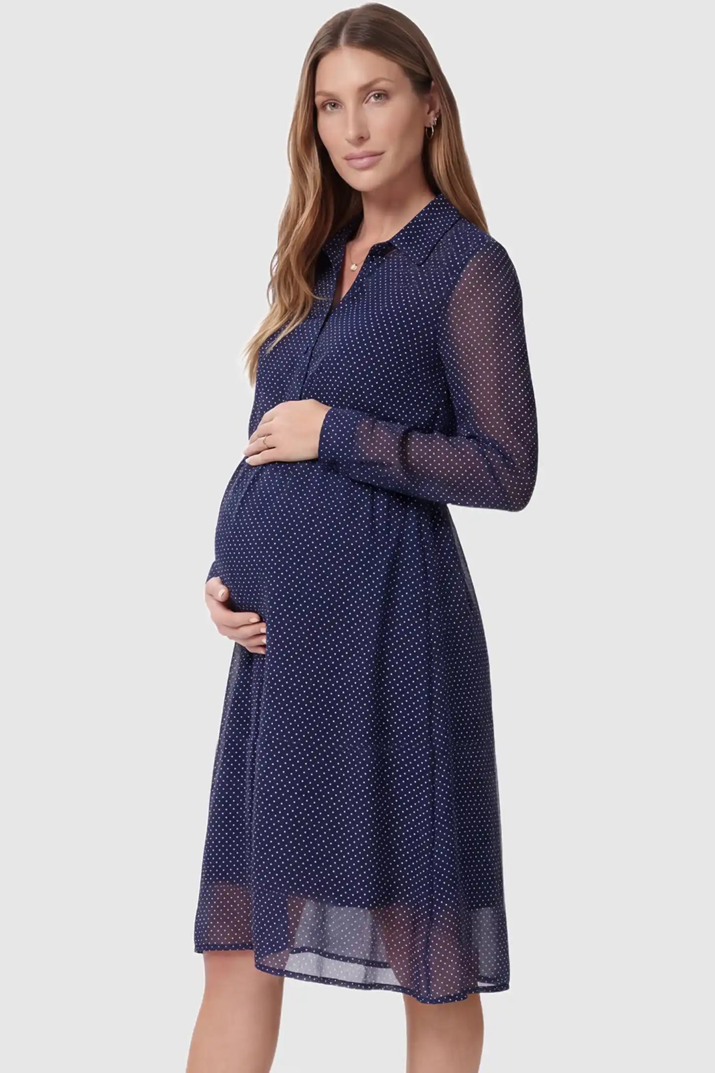 Shirt collar long sleeve V-neck short maternity & nursing dress in dark blue with collared neckline, side view on pregnant model
