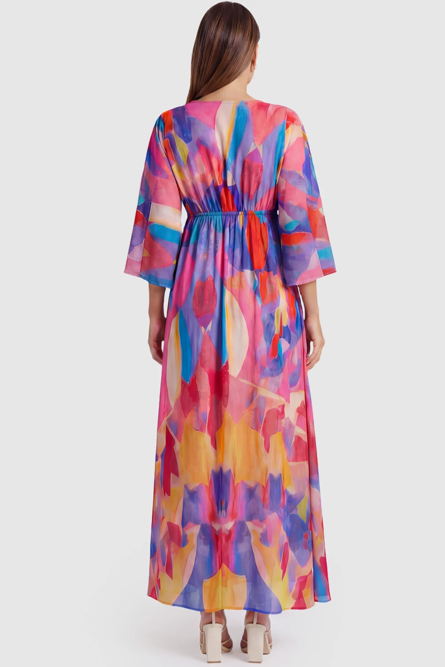 Abstract Print V-Neck Empire Waist Maxi Maternity Dress Abstract print V-neck empire waist maxi maternity dress in multicolor with three-quarter sleeves, back view on pregnant model