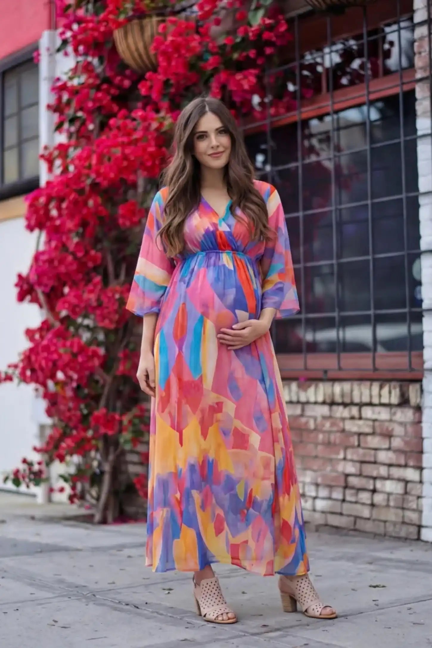 Abstract print V-neck empire waist maxi maternity dress in multicolor with flowing chiffon, on editorial lifestyle model
