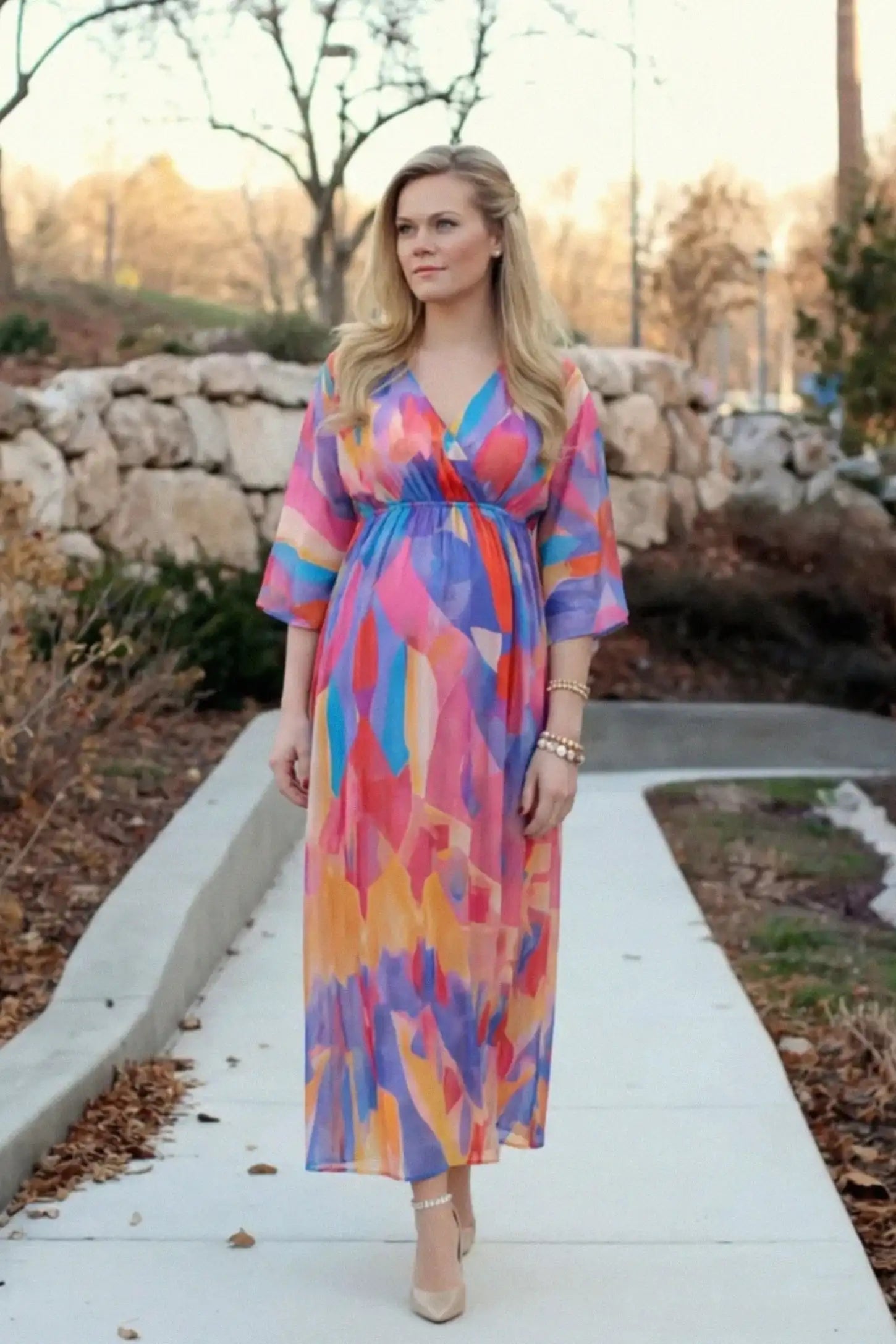 Abstract Print V-Neck Empire Waist Maxi Maternity Dress Abstract print V-neck empire waist maxi maternity dress in multicolor with flowing chiffon, on UGC model