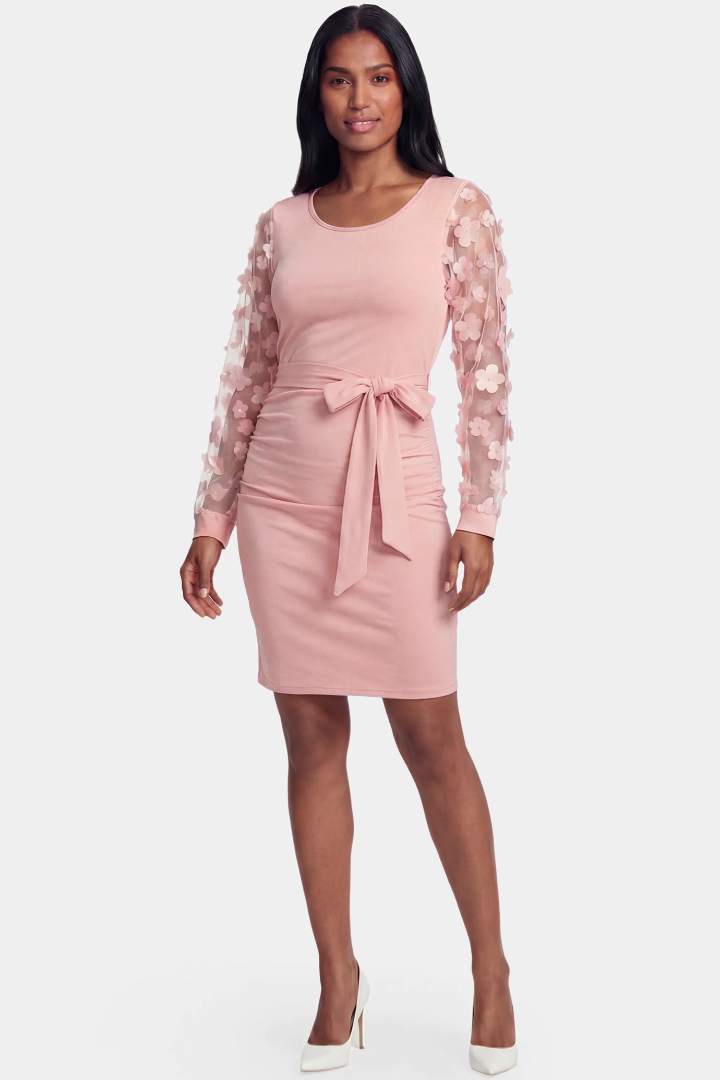 Sheer Long-Sleeve Tie-Waist Short Maternity Dress Sheer long-sleeve tie-waist short maternity dress in pink featuring waist sash in front view on a postpartum model