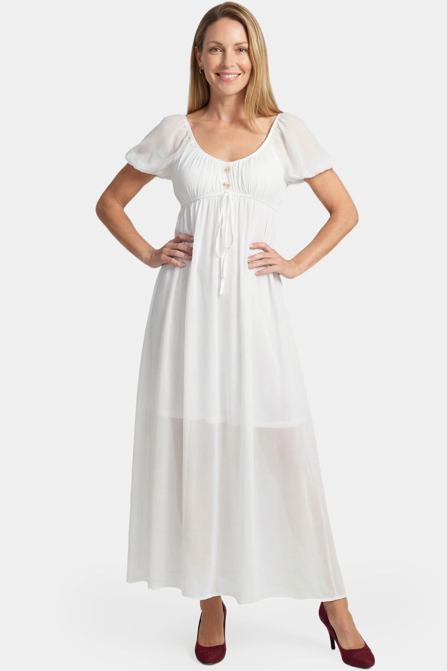 Chiffon Puff Sleeve Scoop Neck Maxi Maternity Dress Chiffon Puff Sleeve Scoop Neck Maxi Maternity Dress in white featuring flowing full skirt in full body front view on a postpartum model