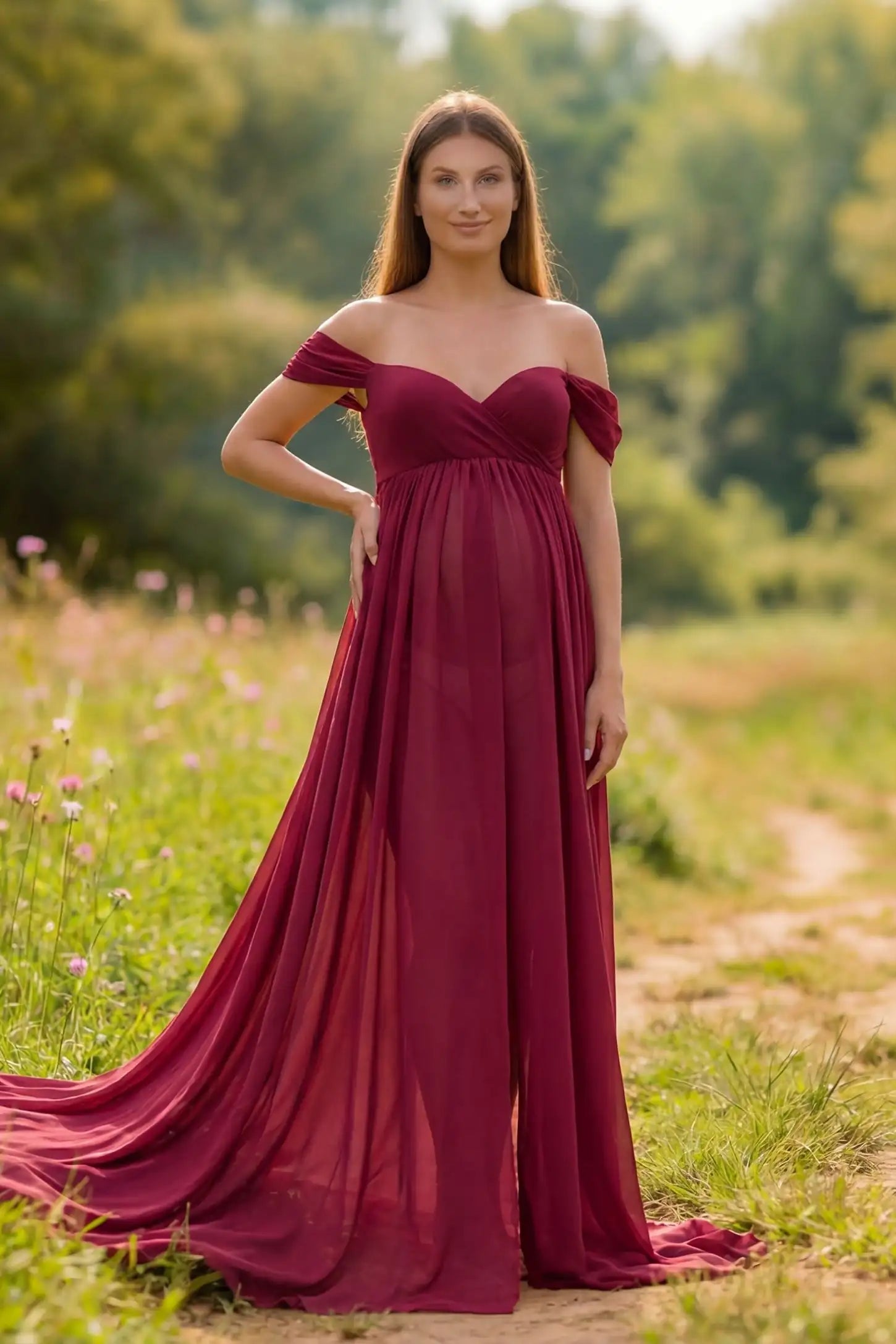 Chiffon-Finish Flowing Off-The-Shoulder Maternity Photoshoot Gown Front view of Burgundy Chiffon-Finish Flowing Off-The-Shoulder Maternity Photoshoot Gown featuring a draped bodice on a pregnant model.