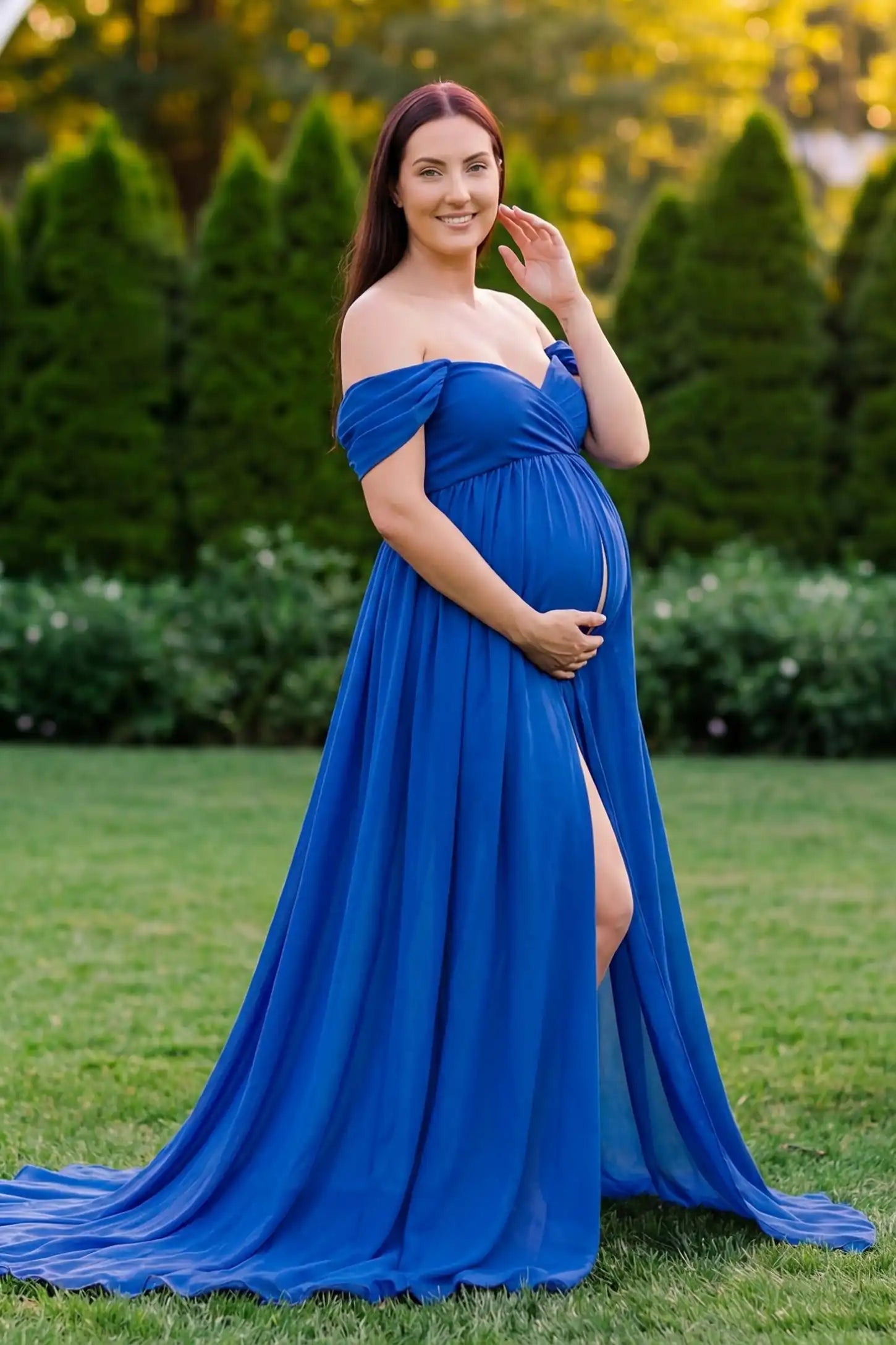 Chiffon-Finish Flowing Off-The-Shoulder Maternity Photoshoot Gown Dark Blue Chiffon-Finish Flowing Off-The-Shoulder Maternity Photoshoot Gown featuring a sweetheart neck on a pregnant model outdoors.