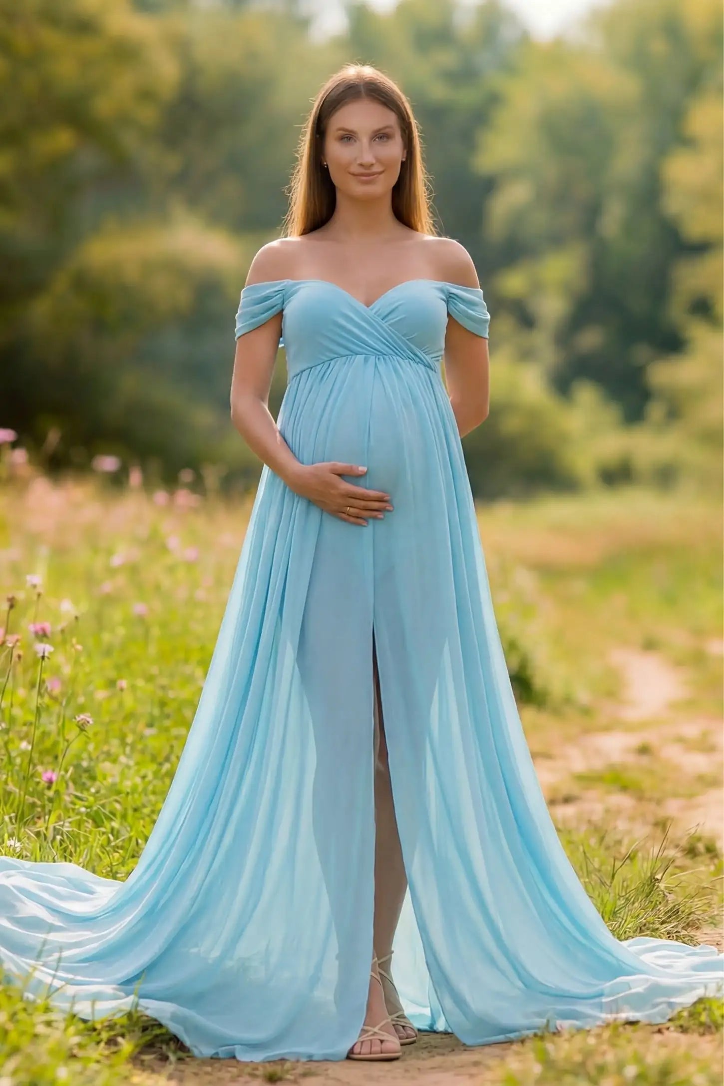 Chiffon-Finish Flowing Off-The-Shoulder Maternity Photoshoot Gown Light Blue Chiffon-Finish Flowing Off-The-Shoulder Maternity Photoshoot Gown featuring a front slit on a pregnant model in front view.