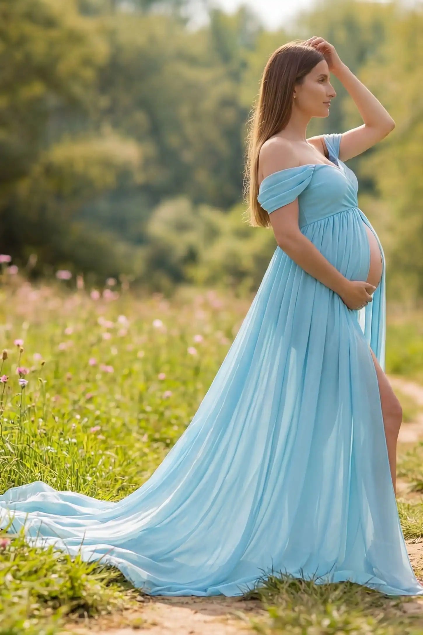 Chiffon-Finish Flowing Off-The-Shoulder Maternity Photoshoot Gown Side view of Light Blue Chiffon-Finish Flowing Off-The-Shoulder Maternity Photoshoot Gown with draped sleeves on a pregnant model.