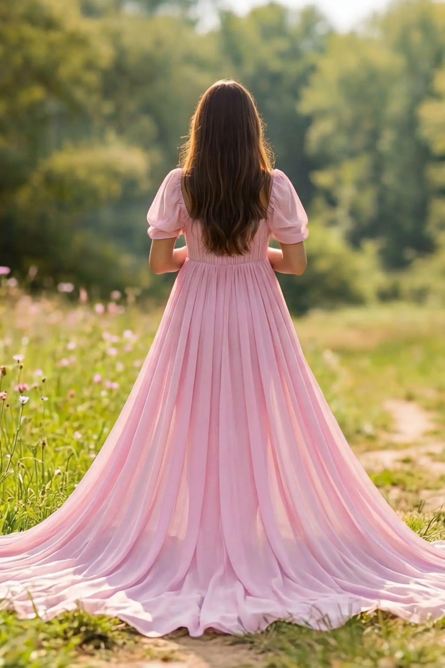 Chiffon-Finish Flowing Off-The-Shoulder Maternity Photoshoot Gown Back view of Pink Chiffon-Finish Flowing Off-The-Shoulder Maternity Photoshoot Gown featuring a long train on a pregnant model.