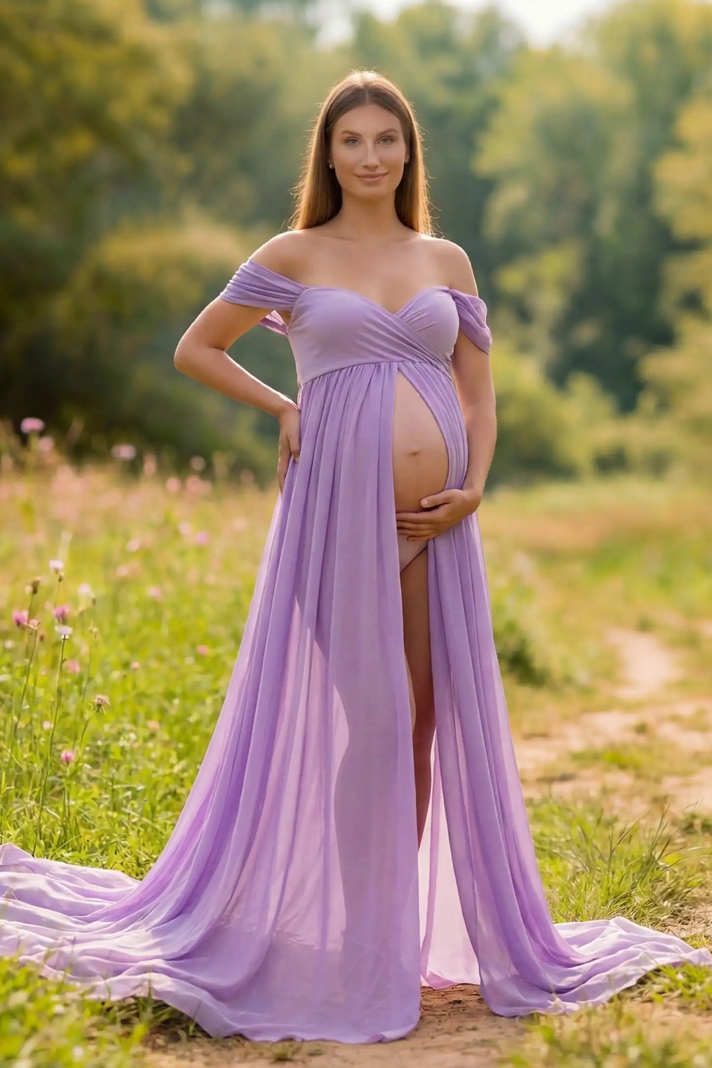 Chiffon-Finish Flowing Off-The-Shoulder Maternity Photoshoot Gown Purple Chiffon-Finish Flowing Off-The-Shoulder Maternity Photoshoot Gown featuring a front slit on a pregnant model in front view.