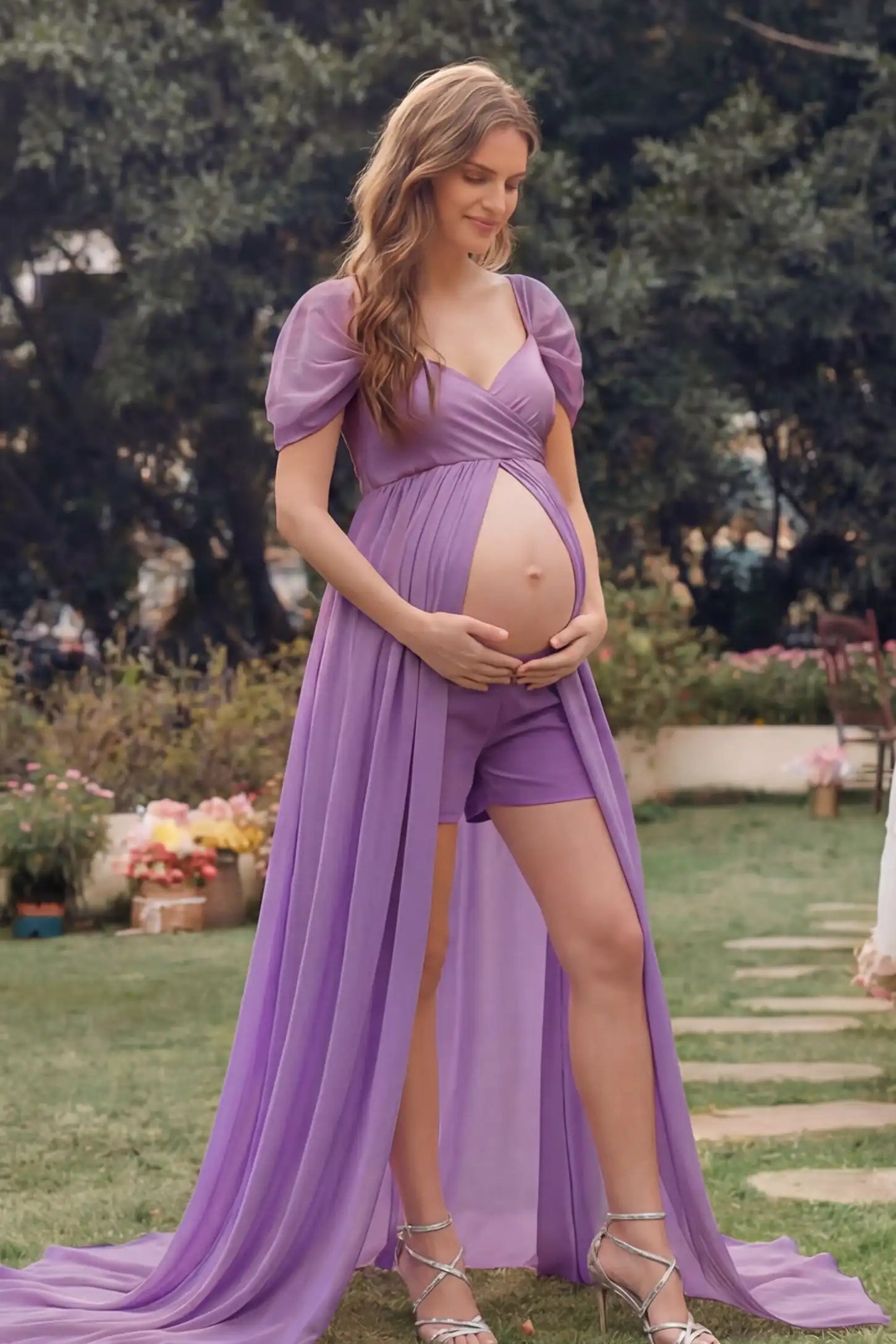 Chiffon-Finish Flowing Off-The-Shoulder Maternity Photoshoot Gown Purple Chiffon-Finish Flowing Off-The-Shoulder Maternity Photoshoot Gown featuring a sweetheart neck on a pregnant model outdoors.