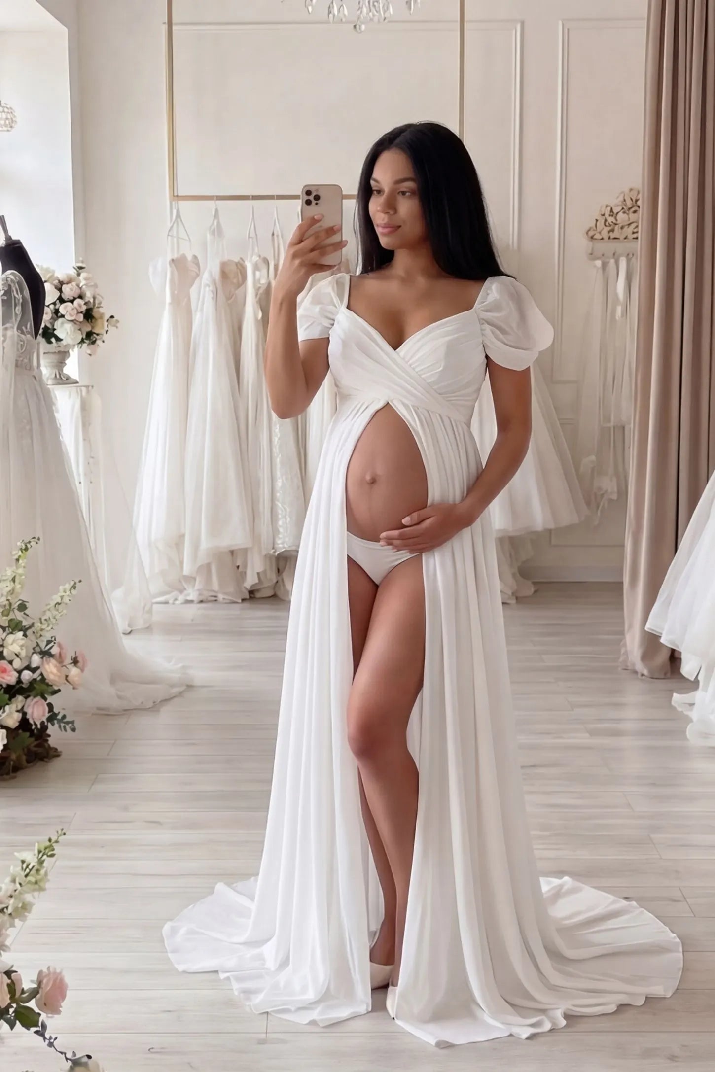 Chiffon-Finish Flowing Off-The-Shoulder Maternity Photoshoot Gown White Chiffon-Finish Flowing Off-The-Shoulder Maternity Photoshoot Gown featuring an empire waist on a pregnant model.