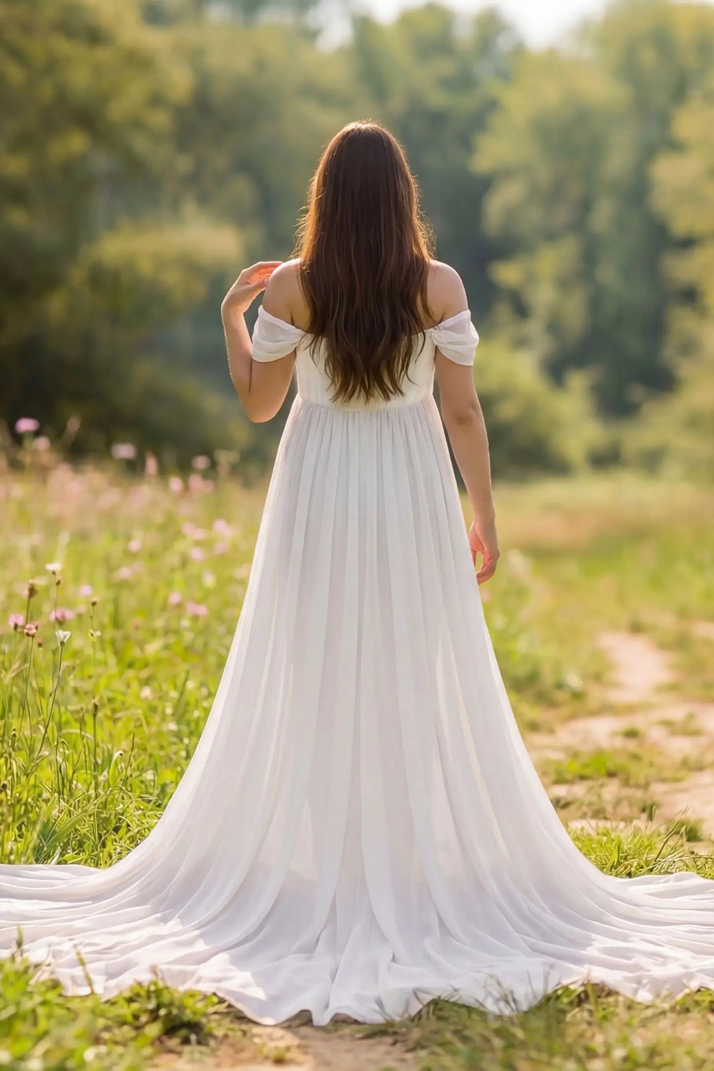 Chiffon-Finish Flowing Off-The-Shoulder Maternity Photoshoot Gown Back view of White Chiffon-Finish Flowing Off-The-Shoulder Maternity Photoshoot Gown featuring a long train on a pregnant model.