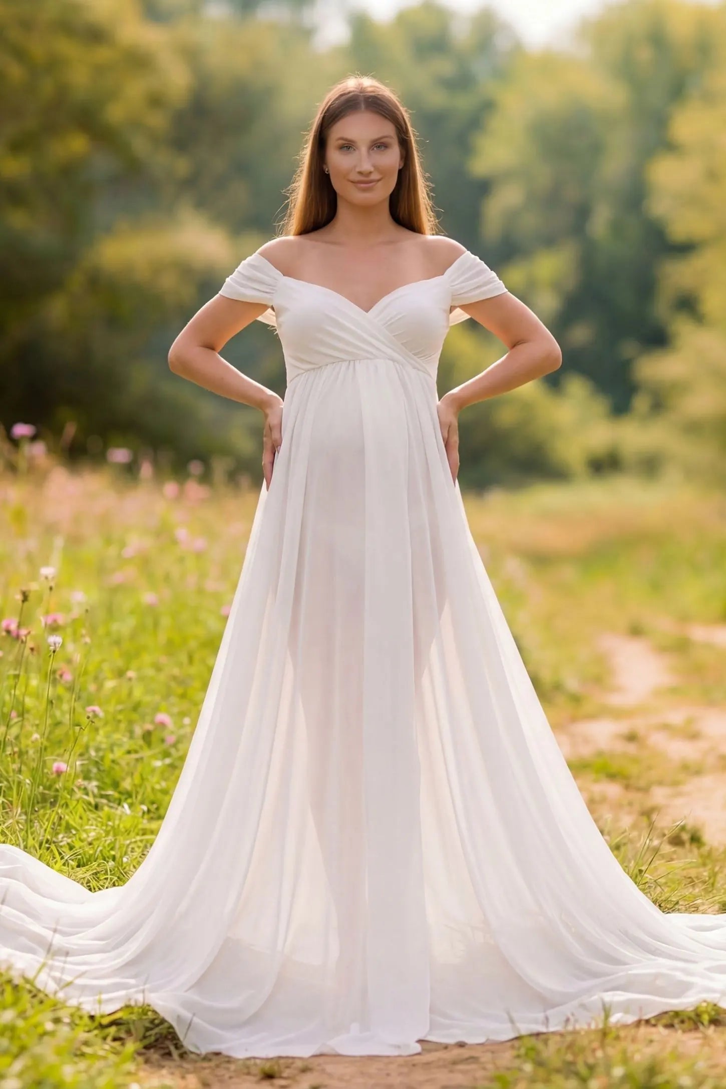 Chiffon-Finish Flowing Off-The-Shoulder Maternity Photoshoot Gown Front view of White Chiffon-Finish Flowing Off-The-Shoulder Maternity Photoshoot Gown featuring a draped bodice on a pregnant model.