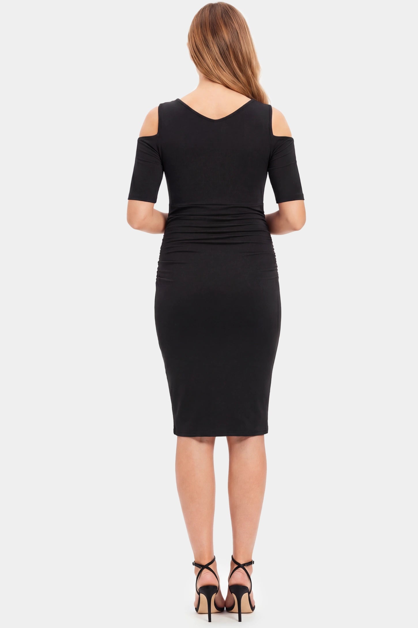 Cold Shoulder Sleeve Fitted Short Maternity Dress Cold shoulder sleeve fitted short maternity dress in black featuring soft stretch fabric in full body back view on a pregnant model