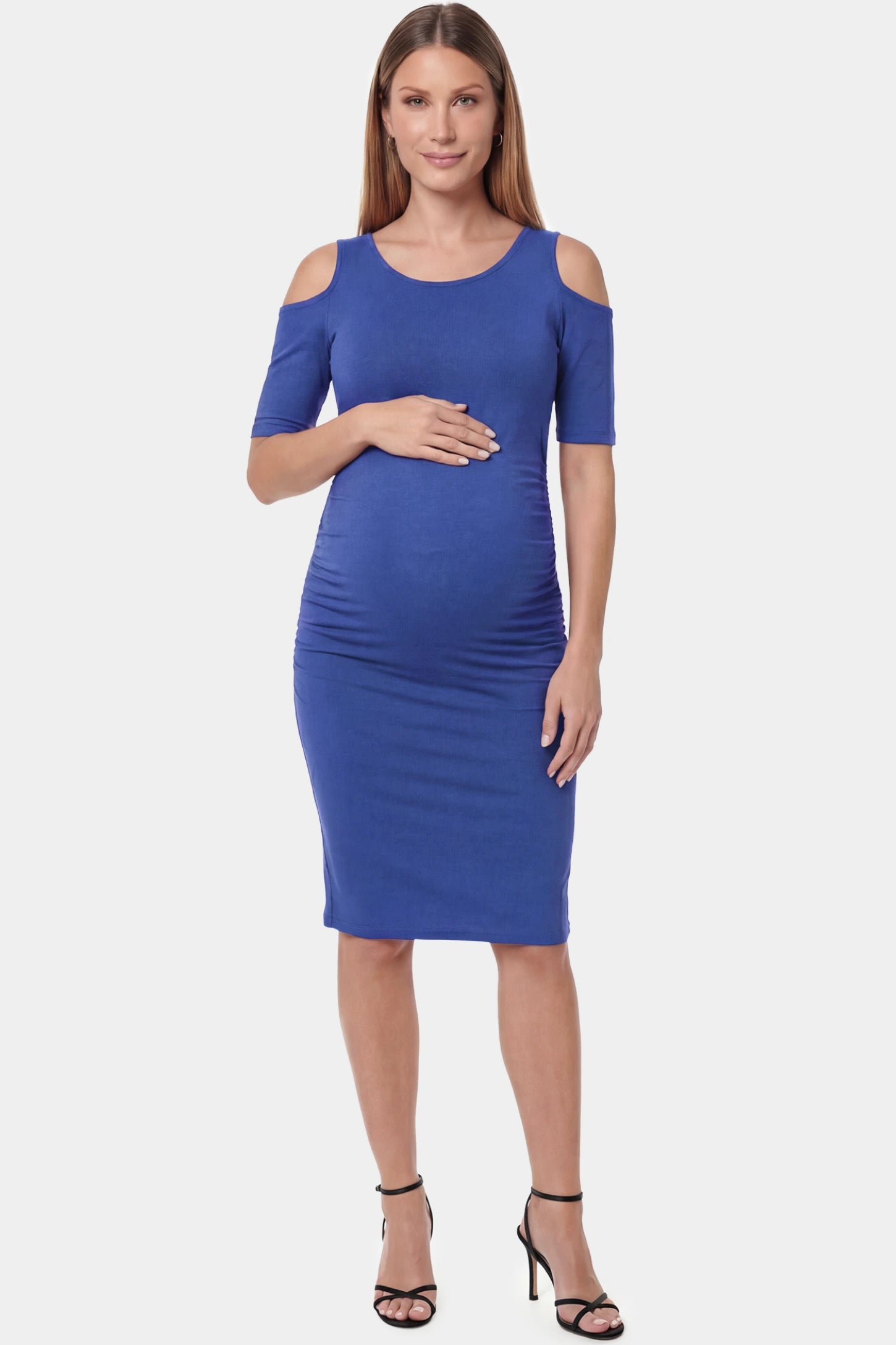 Cold Shoulder Sleeve Fitted Short Maternity Dress Cold shoulder sleeve fitted short maternity dress in blue featuring soft stretch fabric in full body front view on a pregnant model