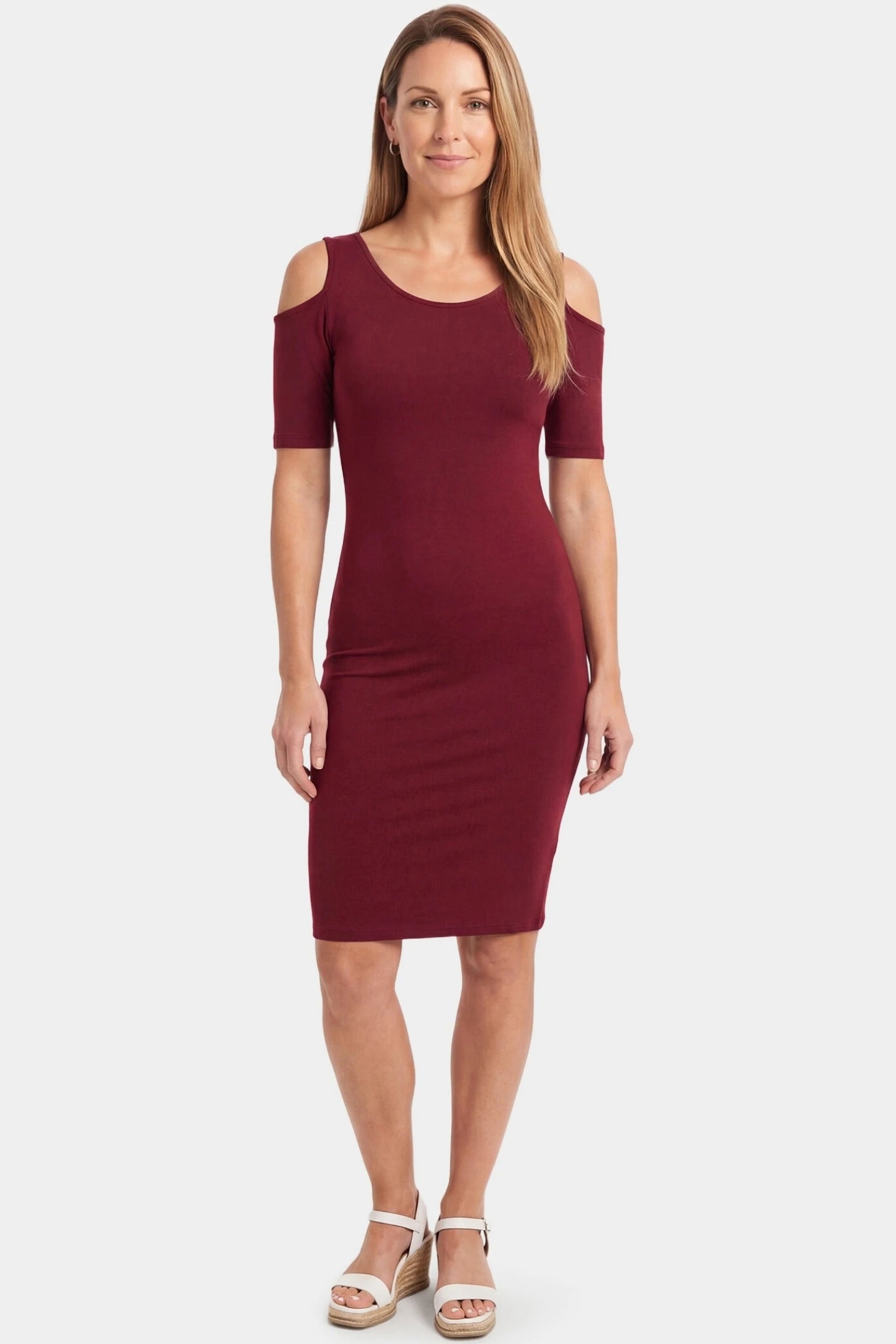Cold Shoulder Sleeve Fitted Short Maternity Dress Cold shoulder sleeve fitted short maternity dress in burgundy featuring soft stretch fabric in full body front view on a postpartum model
