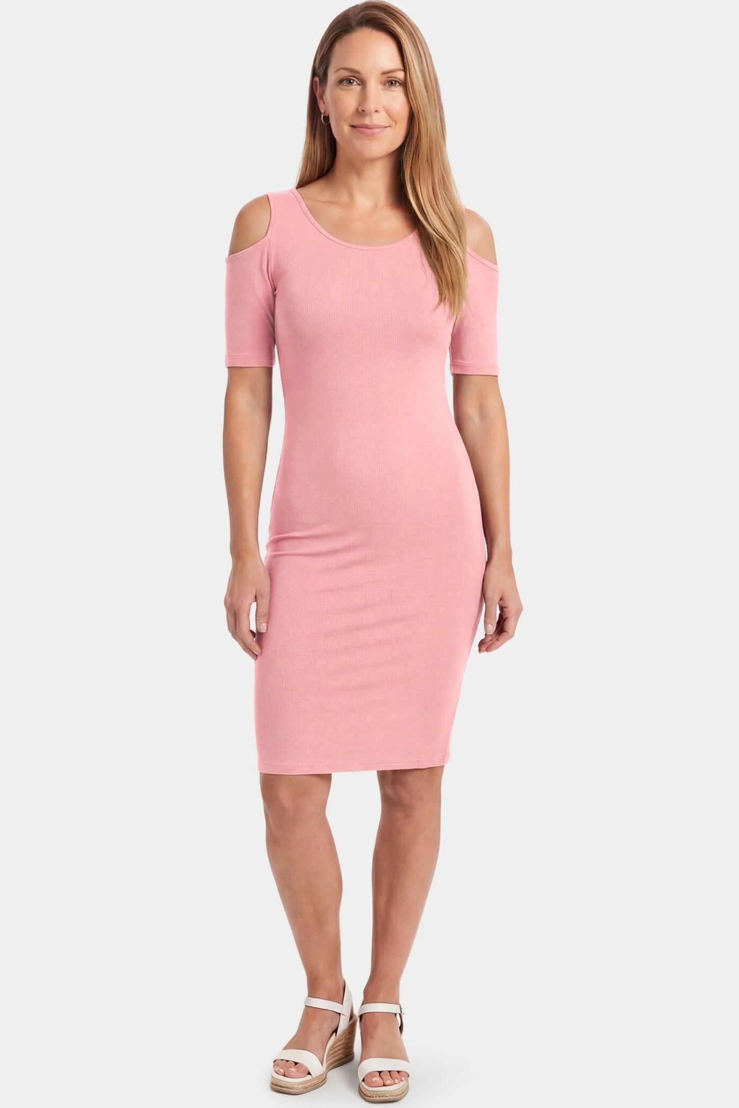 Cold Shoulder Sleeve Fitted Short Maternity Dress Cold shoulder sleeve fitted short maternity dress in pink featuring soft stretch fabric in full body front view on a postpartum model