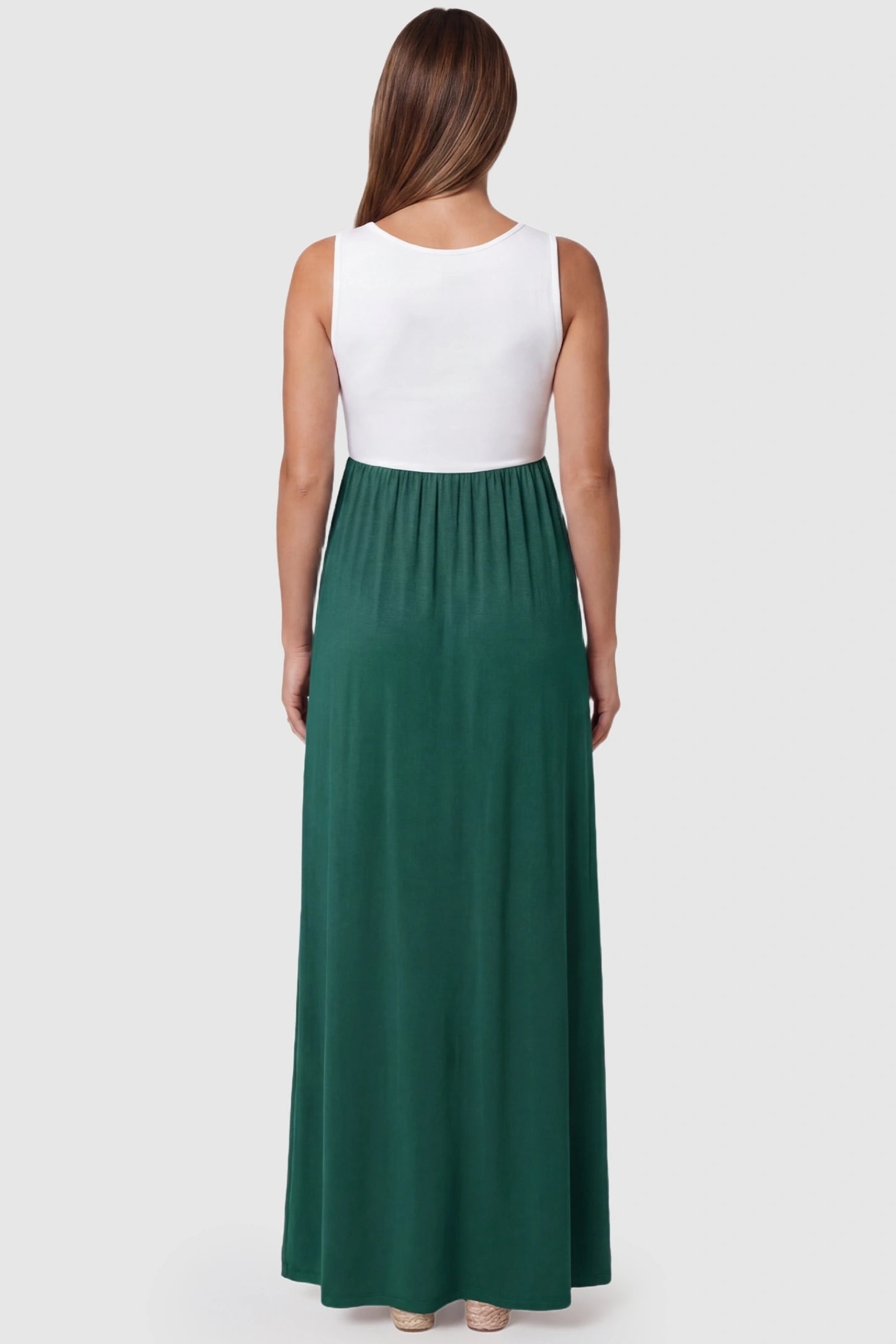 Color-Block Sleeveless Maternity Maxi Dress Color-Block Sleeveless Maternity Maxi Dress in Olive Green featuring a seamless back on a pregnant model.