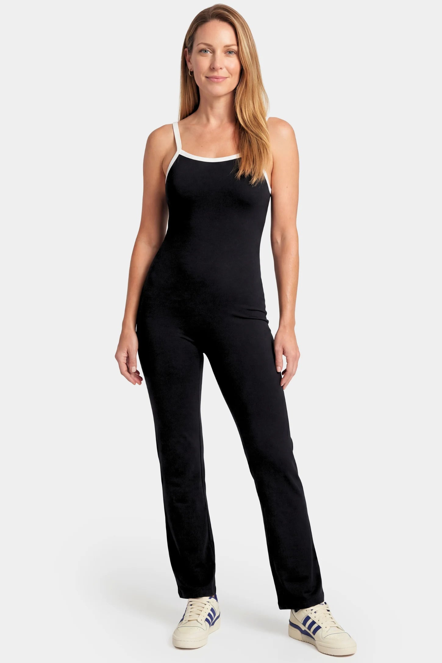 Scoop Neck Contrast Trim Maternity Jumpsuit Scoop Neck Contrast Trim Maternity Jumpsuit in black featuring spaghetti straps and contrast trim on a non pregnant model.