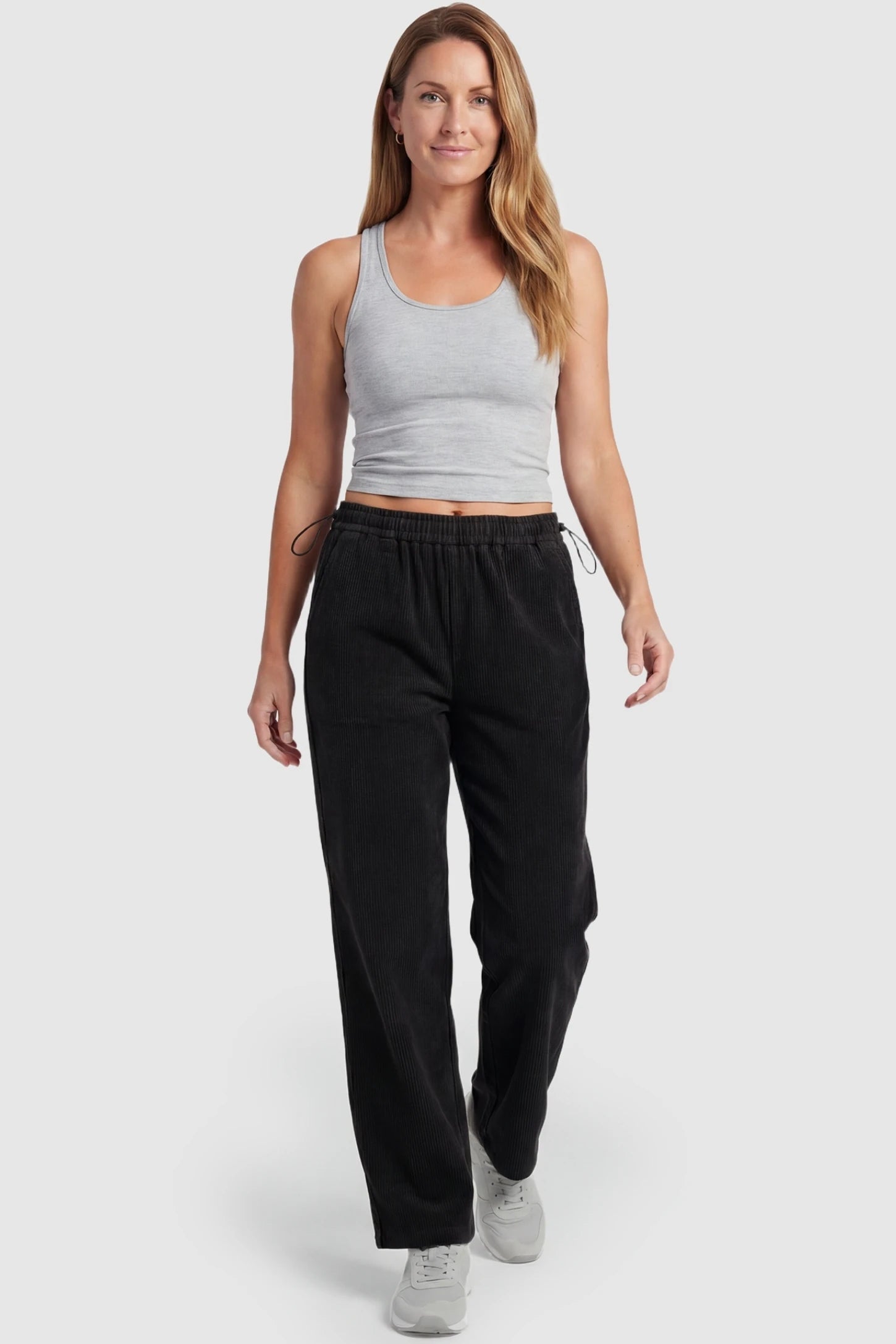 Corduroy Drawstring Waist Wide-Leg Maternity Pants Corduroy drawstring waist wide-leg maternity pants in black with flexible everyday comfort, full body on postpartum model