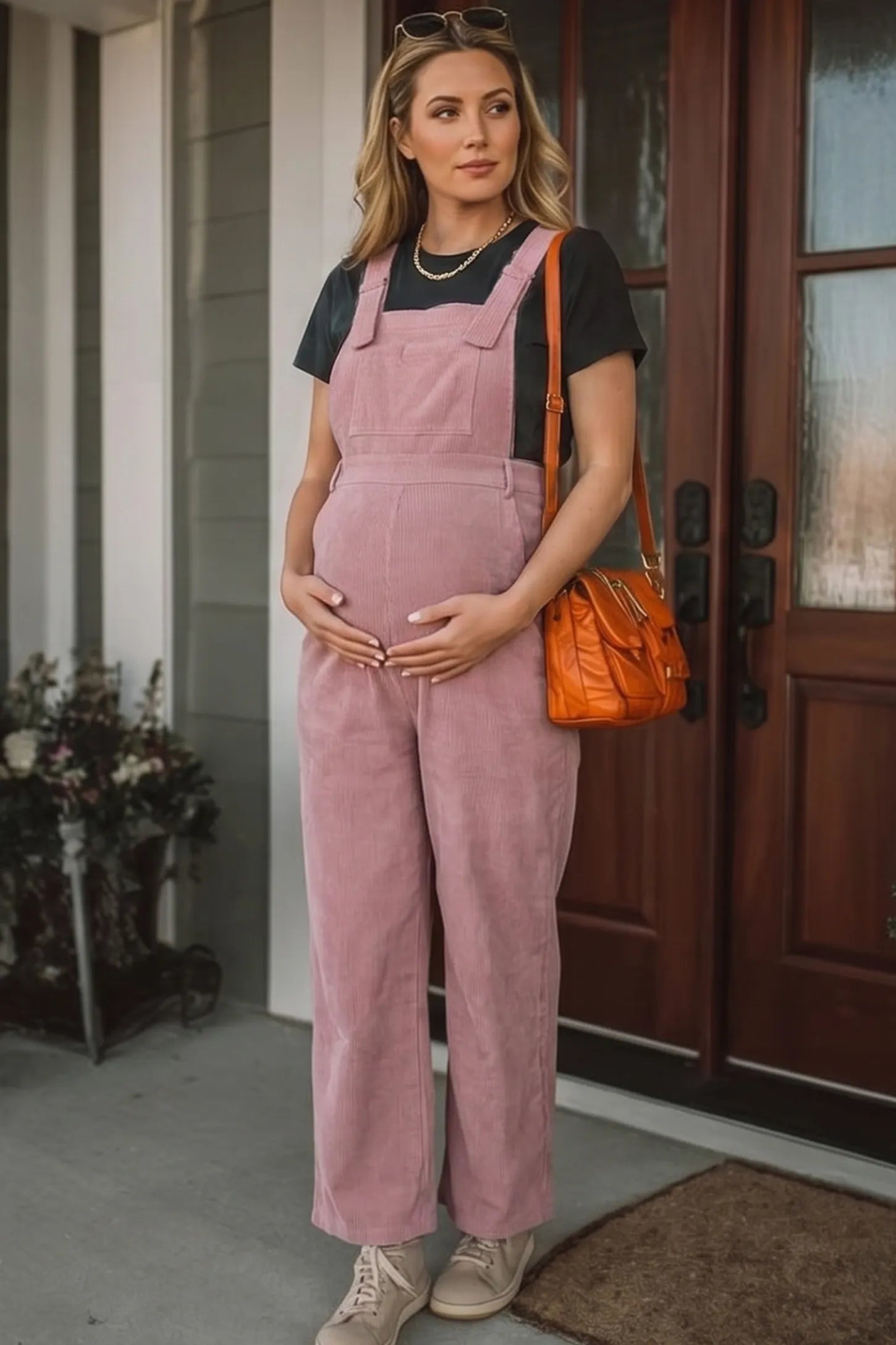 Corduroy Wide Leg Maternity Jumpsuit Corduroy Wide-Leg Maternity Jumpsuit in Pink featuring a relaxed wide-leg silhouette on a pregnant woman in outdoor setting, front view.